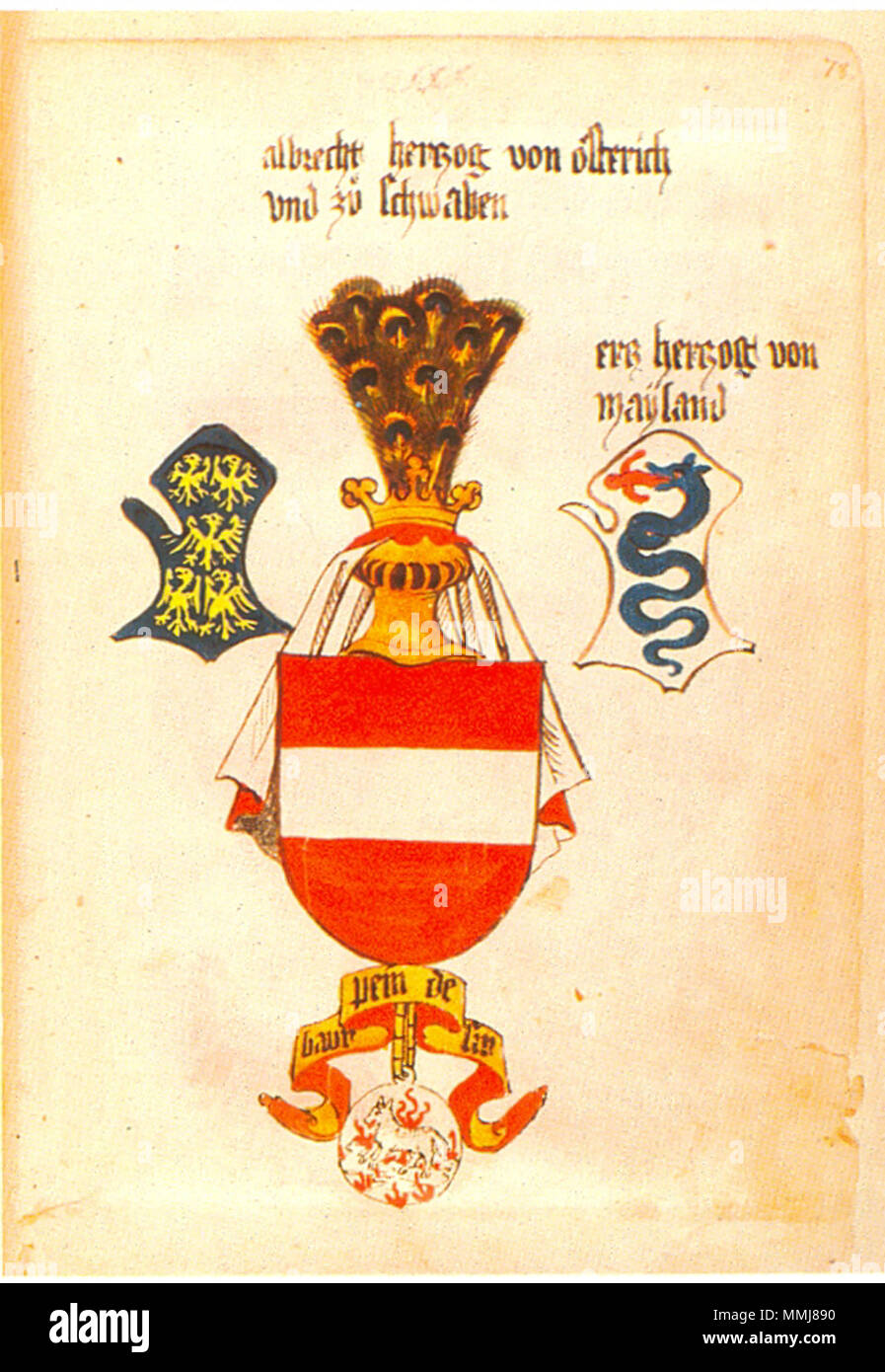 . Ingeram-Codex der ehemaligen Bibliothek Cotta Albrecht von herzog o(e)sterich/und zu schwaben (Alt-Osterreich) erz herzog von/Trinity baur/pein de/SIR (ideare auf Bandschleife: peur - peine - desir = Furcht, Schmerz, Verlangen) . 1459. Hans Ingeram e una cosiddetta Exempla-master Codex Ingeram 078 Foto Stock