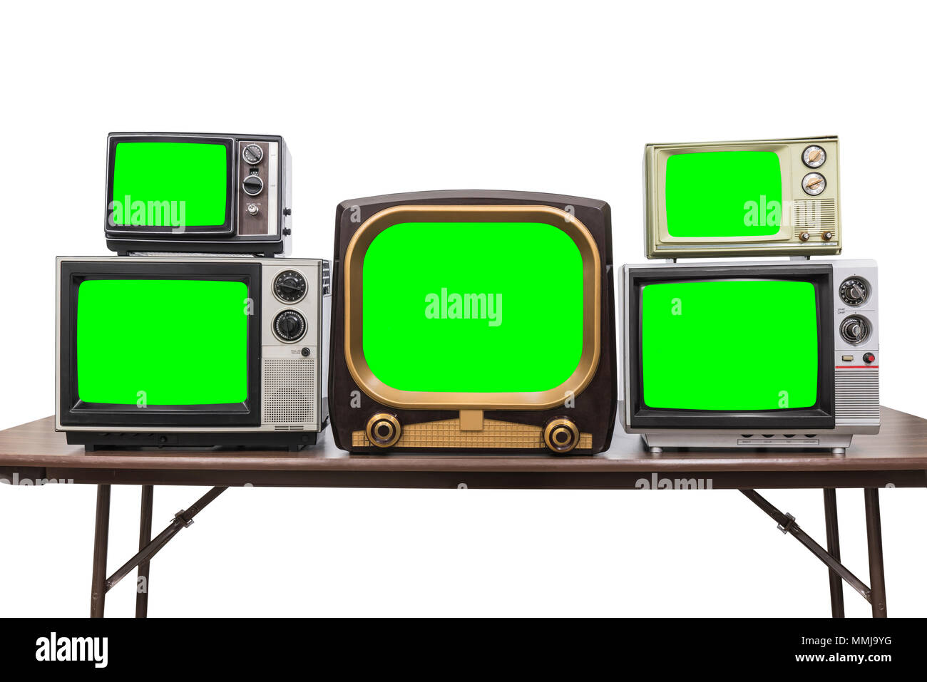 Cinque televisori vintage isolato su bianco con verde chroma schermate e percorso di clipping. Foto Stock