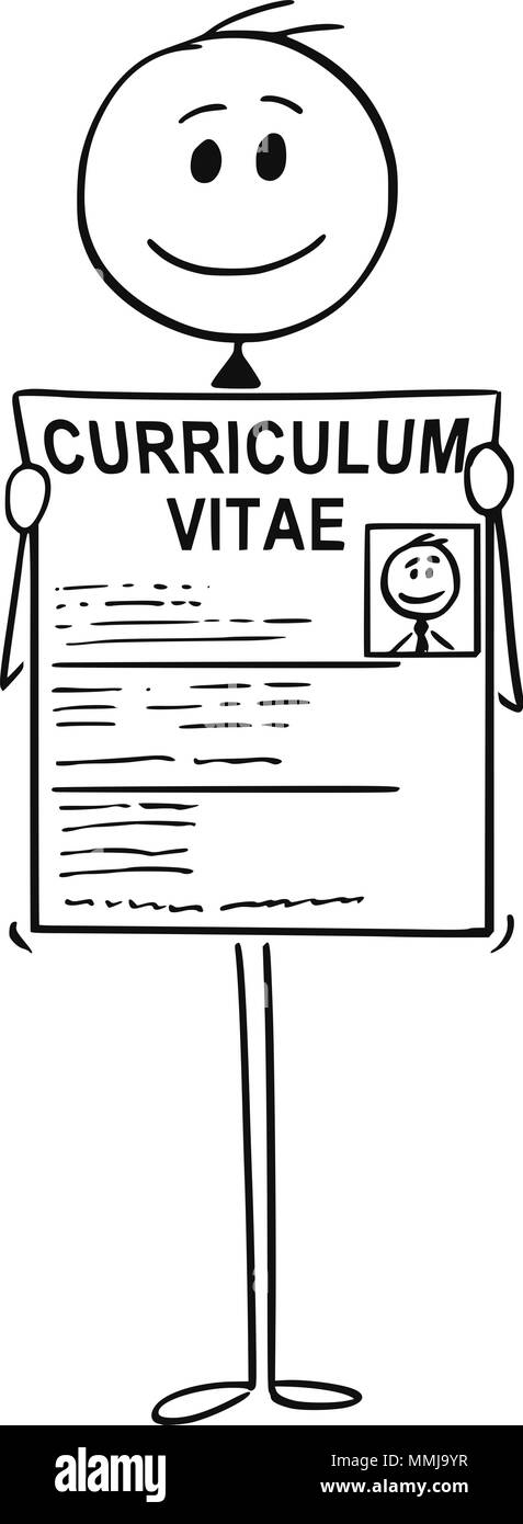 Cartoon di imprenditore Job Seeker richiedente tenendo il Curriculum Vitae o CV o resume Illustrazione Vettoriale