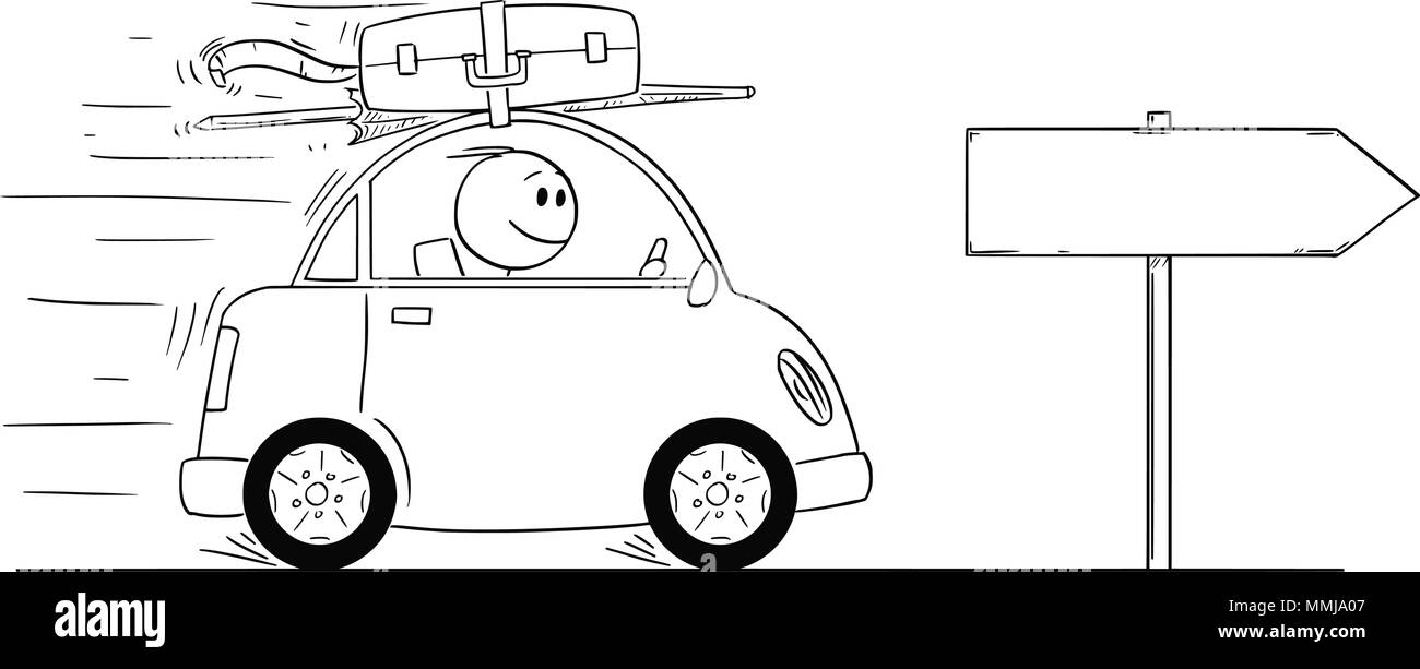 Cartoon di uomo sorridente andando in piccole auto in vacanza o in vacanza Illustrazione Vettoriale