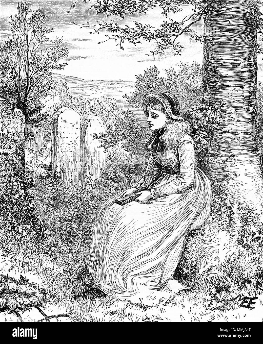 Incisione di una giovane donna seduta tranquillamente in giardino. Da un'incisione originale in La ragazza del proprio magazzino carta 1883. Foto Stock