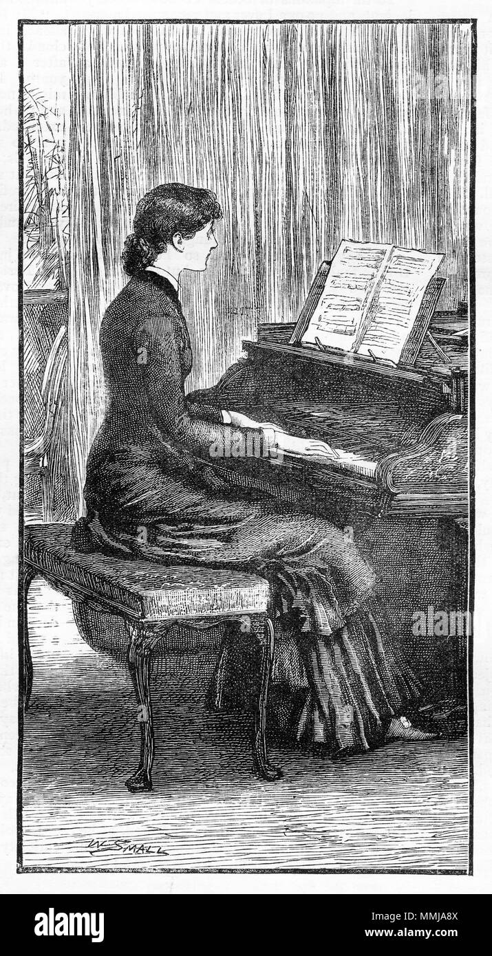 Incisione di una giovane donna di riproduzione di un pianoforte. Da un'incisione originale in La ragazza del proprio magazzino carta 1883. Foto Stock