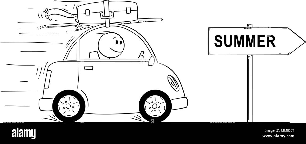 Cartoon di uomo sorridente andando in piccole auto in vacanza o in vacanza. Segno di freccia con testo di estate. Illustrazione Vettoriale