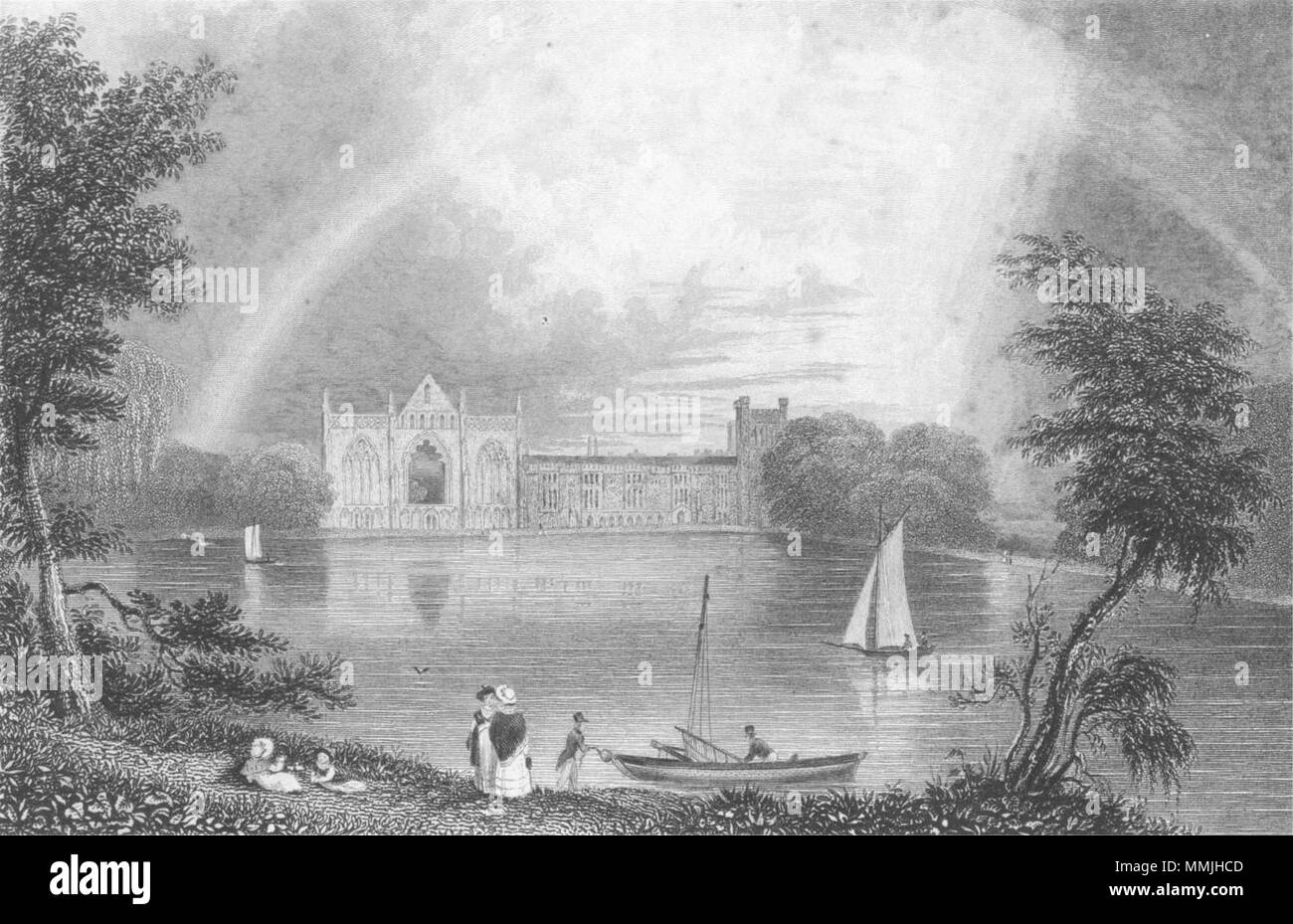 NOTTS. La Newstead Abbey. Fullarton barche sul lago-Finden 1850 antica stampa Foto Stock