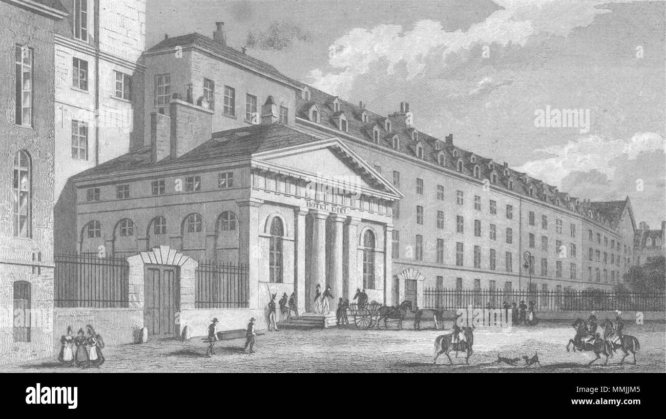 Parigi. Hopital L'Hotel Dieu. Cavalli cani 1828 antica immagine di stampa Foto Stock