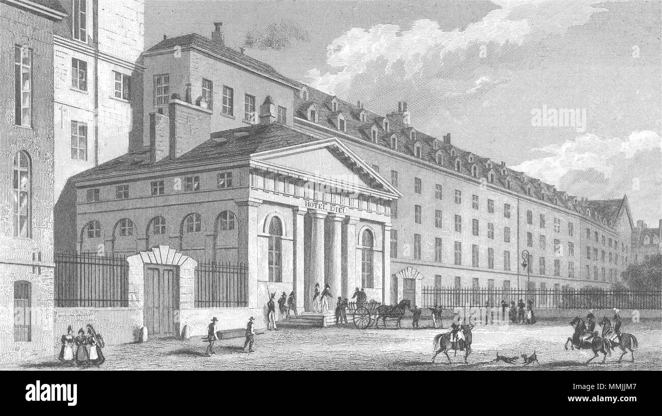 Parigi. Hopital L'Hotel Dieu. Cavalli cani 1834 antica immagine di stampa Foto Stock