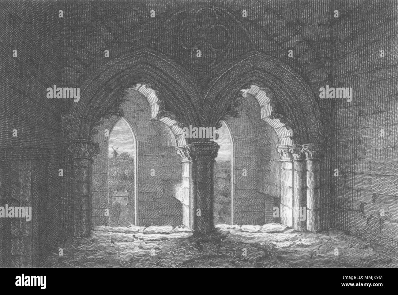 Edifici. Il doppio arco, Torre della chiesa Raunds c1780 antica immagine di stampa Foto Stock