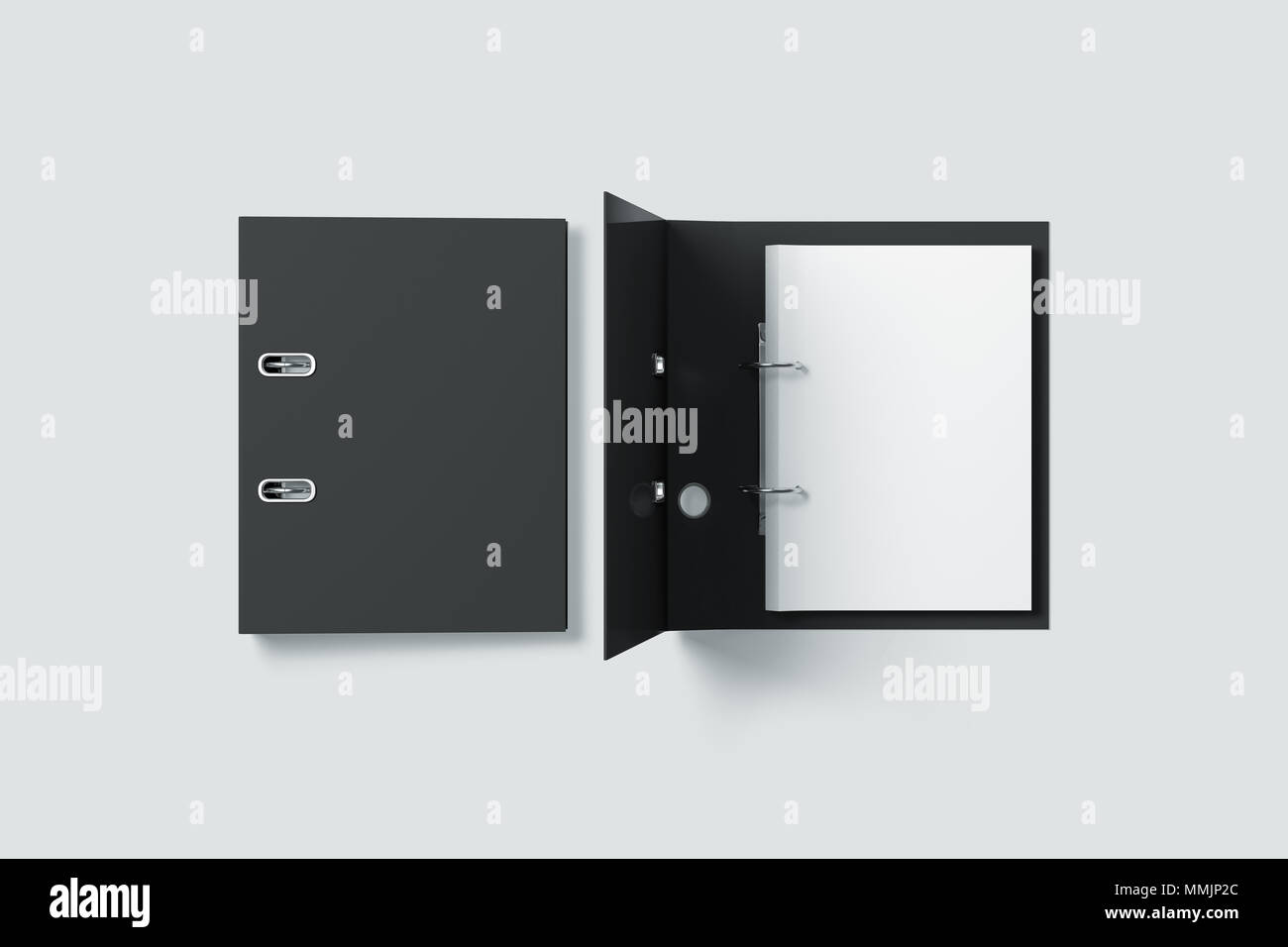 Nero Bianco ring binder cartella design mock up top view, rendering 3d. Auto-legante mockup con la pila di carta di formato A4. Forniture per ufficio cartella di cartone presentazione di branding. Desk arco leva coperchio file. Foto Stock