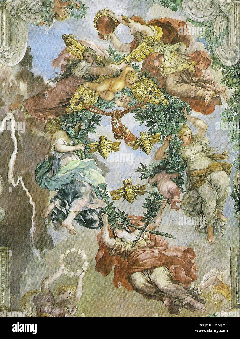 Inglese: la glorificazione del Regno di Urbano VIII aka il Trionfo della Divina Provvidenza e il Fulfulment della sua estremità sotto il papato di Urbano VIII, centro. Include lo stemma di Urbano VIII. Deutsch: Trionfo der divina providentia, Mitte. Mit dem Wappen des Papstes Urbano VIII. Italiano: la divina provvidenza, centro. Stemma de Urbano VIII. 1633 - 1639. Cortona, Pietro da, la divina provvidenza - Centro Foto Stock