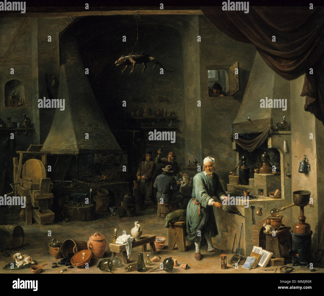 Interno di un laboratorio con un alchimista. Il XVII secolo. Interno di un laboratorio con un alchimista del xvii secolo David Teniers II Foto Stock