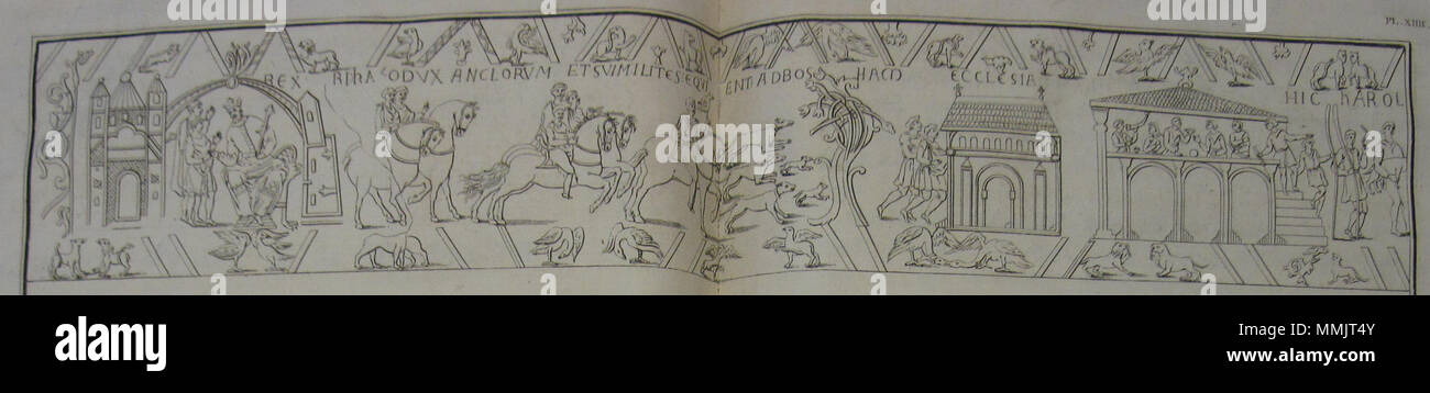 . Inglese: "anglo-normanna antichità considerato, in un Tour attraverso la parte di Normandia", dal medico Ducarel. Londra, 1767. " I seguenti piastre sono state pubblicate dalla imparato padre Bernard de Montfaucon, nella sua opera intitolata Les Monumens de la Monarchie Françoise…' . 1767. Man vyi Arazzo di Bayeux de Montfaucon 1 Foto Stock