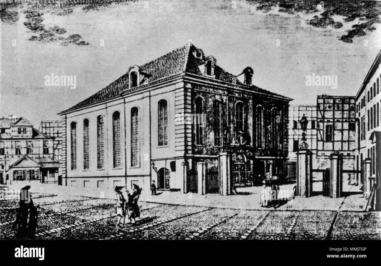 . Deutsch: Alte Synagogue, Berlino, Heidereutergasse, 1712-14, Architekt M. Kemmeter, Ansicht von Nordwesten, Radierung von Friedrich August Calau. Inglese: Berlino Sinagoga Vecchia si trova a Heidereutergasse, 1712-14 costruito da M. Kemmeter. Qui visto da nord-ovest. Incisione di Friedrich August Calau. . Incisione: F. A. Calau; file: James Steakley 40 Alte Synagogue Berlino, Heidereutergasse Foto Stock