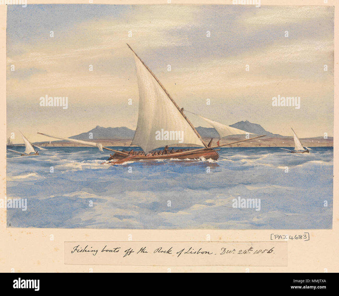 . Inglese: "barche da pesca fuori la roccia di Lisbona, Decr 24th 1856' [Portugal]. . Il 24 dicembre 1856. Admiral Edward Gennys Fanshawe (27 novembre 1814 - 21 ottobre 1906). Edward Gennys Fanshawe, barche da pesca fuori la roccia di Lisbona, Decr 24th 1856 (Portogallo) Foto Stock