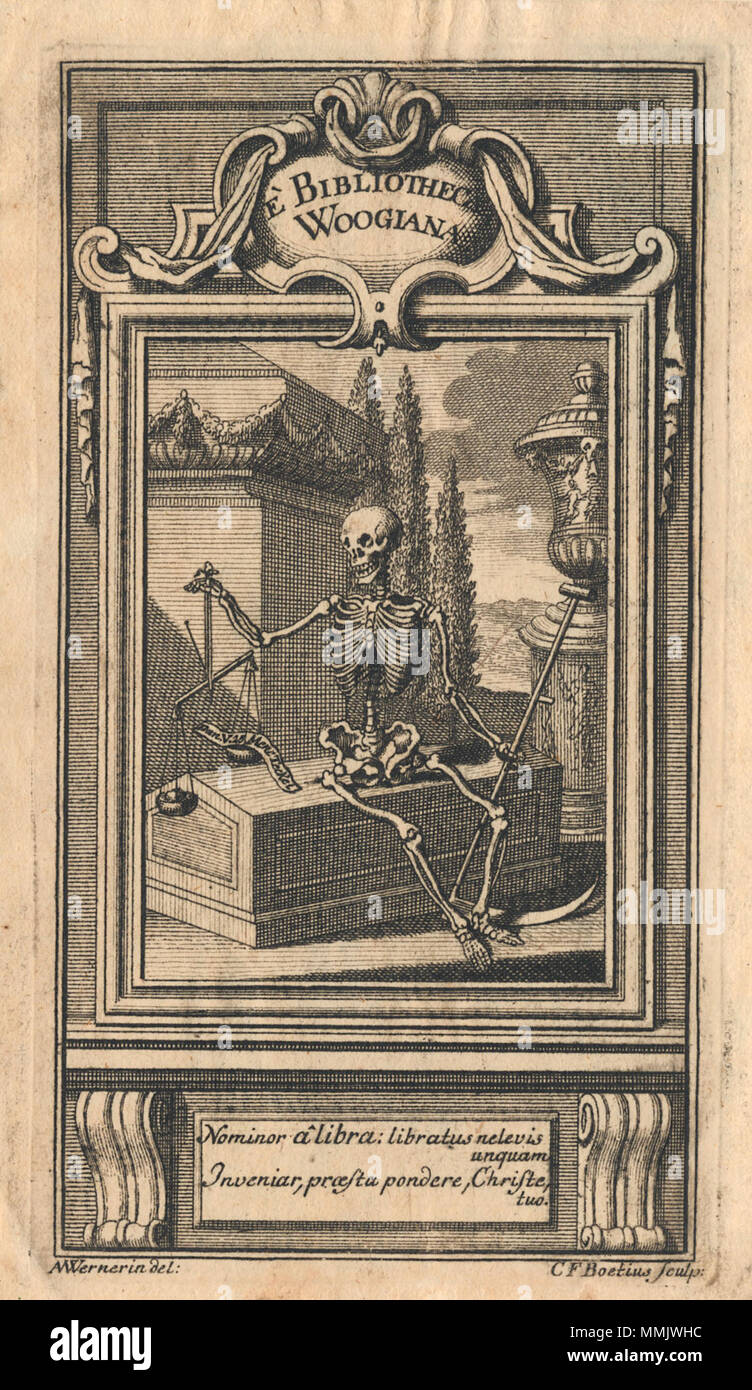 . Ex libris Moritz Carl Woog cristiana. È Bibliotheca Woogiana. "Nominor à Libra: Libratus nelevis unquam / Inveniar, proesta pondere, Christe, tuo" - vedi [1] . 1740 circa. Disegno: Anna Maria Wernerin († 17539; incisione: Christian Friedrich Boetius (1706-1782) Ex libris Bibliotheca Woogiana Foto Stock