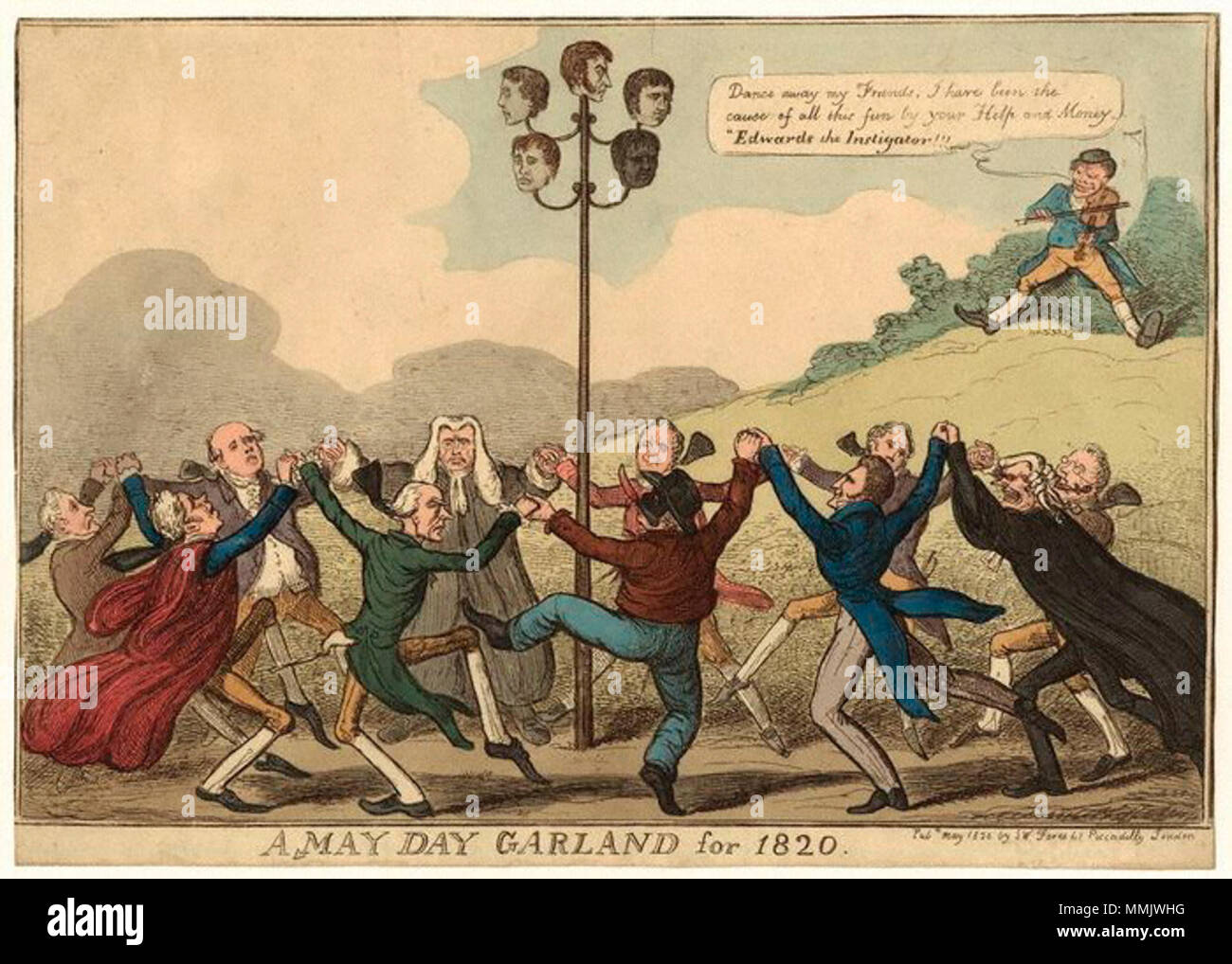 . Inglese: un giorno di maggio Garland per 1820 La stampa include rappresentazioni di Nicholas Vansittart, primo Baron Bexley (1766-1851); Giovanni Tommaso Scotto (1782-1820) (eseguito cospiratore); George Canning (1770-1827); William Davidson (1786-1820) (eseguito cospiratore); George Edwards (1787-1843) (spy e agent provocateur che hanno scoperto il Cato Street complotto); Robert Gifford, primo Baron Gifford (1779-1826); James rali (1794-1820) (eseguito cospiratore); Robert Stewart, 2a Marchese di Londonderry; Henry Addington, primo Visconte Sidmouth (1757-1844); Charles Abbott, primo Baron Tenterden (1762-1832); un Foto Stock