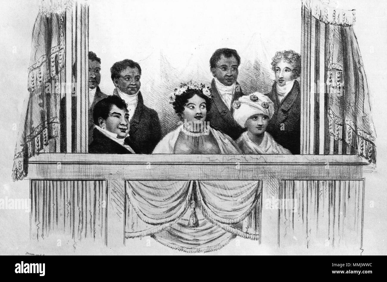 . Inglese: Re Giorgio IV Royal Box al Theatre Royal in Drury Lane il 4 giugno 1824. Seduti da sinistra a destra, sono re Kamehameha II, Regina Kamamalu e Liliha e in piedi, a sinistra e a destra, due incognite Hawaiiani, Boki, Federico C. Byng. . Giugno 1824. Hawaiian sconosciuto il Re e la Regina nel royal box, Londra 1824 Foto Stock . Inglese: Re Giorgio IV Royal Box al Theatre Royal in Drury Lane il 4 giugno 1824. Seduti da sinistra a destra, sono re Kamehameha II, Regina Kamamalu e Liliha e in piedi, a sinistra e a destra, due incognite Hawaiiani, Boki, Federico C. Byng. . Giugno 1824. Hawaiian sconosciuto il Re e la Regina nel royal box, Londra 1824 Foto Stock