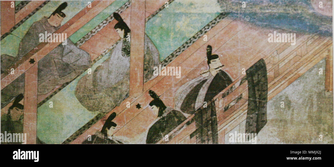 . Inglese: una scena del capitolo "UZUMUSHI' di illustrato handscroll del racconto di Genji (scritto da MURASAKI SHIKIBU(XI sec.). Colore su carta ,21.8cm x 48.2cm. Il handscroll era fatto in circa ACE1130 e memorizzati in Gotoh Museum, Giappone. Il handscroll sono stati separati per ciascuna sezione e montato su un telaio per la conservazione. 日本語: 紙本著色／一面 平安時代後期・12世紀 縦21.8cm 横48.2cm 五島美術館蔵 '源氏物語'第３８帖"鈴虫"の二番目の場面。月見の宴に招かれた光源氏が、弟の冷泉院（実は源氏と継母藤壺との不義の子）と対座し語り合う。右上の群青の空と銀の満月が夜を象徴する。天井を取り去り室内を表現する"吹抜屋台"の技法で描く。 . Xii secolo. Anonimo Genji emaki SUZUMUSHI Foto Stock