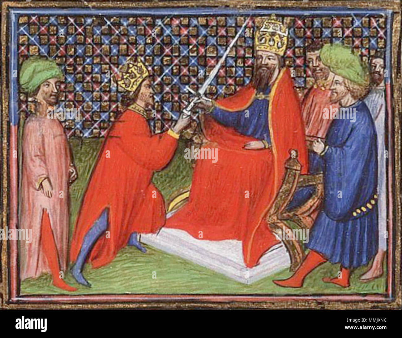 . Inglese: Jean Froissart, Chroniques (Vol. I): Edward III diventa Vicario per l'imperatore Ludovico V il luogo di origine, data: Parigi, Virgilio Master (illuminatore); c. 1410 Materiale: Vellum, ff. 382, 385x288 (243x187) mm, 42 linee, littera cursiva, vincolante del xviii secolo in pelle marrone;; dorato con stemma di Stadholder Guglielmo V Decorazione: 1 due-colonna miniatura (170x180 mm); 29 colonna miniature (115/65x95/80 mm); 1 historiated iniziale (45x50 mm); decorate iniziali con decorazione di confine (ff. 1r, 24r, 36r, 62r, 74v, ecc.) Provenienza: Louis de Luxemburg, con divieti in grado de France (d. 1475; firma, e Foto Stock