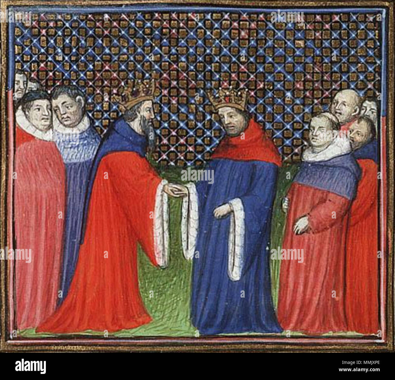 . Inglese: David Bruce, re di Scozia, riconosce Edward III come suo signore feudale contenuto: Jean Froissart, Chroniques (Vol. I) Luogo di origine, data: Parigi, Virgilio Master (illuminatore); c. 1410 Materiale: Vellum, ff. 382, 385x288 (243x187) mm, 42 linee, littera cursiva, vincolante del xviii secolo in pelle marrone;; dorato con stemma di Stadholder Guglielmo V Decorazione: 1 due-colonna miniatura (170x180 mm); 29 colonna miniature (115/65x95/80 mm); 1 historiated iniziale (45x50 mm); decorate iniziali con decorazione di confine (ff. 1r, 24r, 36r, 62r, 74v, ecc.) Provenienza: Louis de Luxemburg, conn'tabl Foto Stock