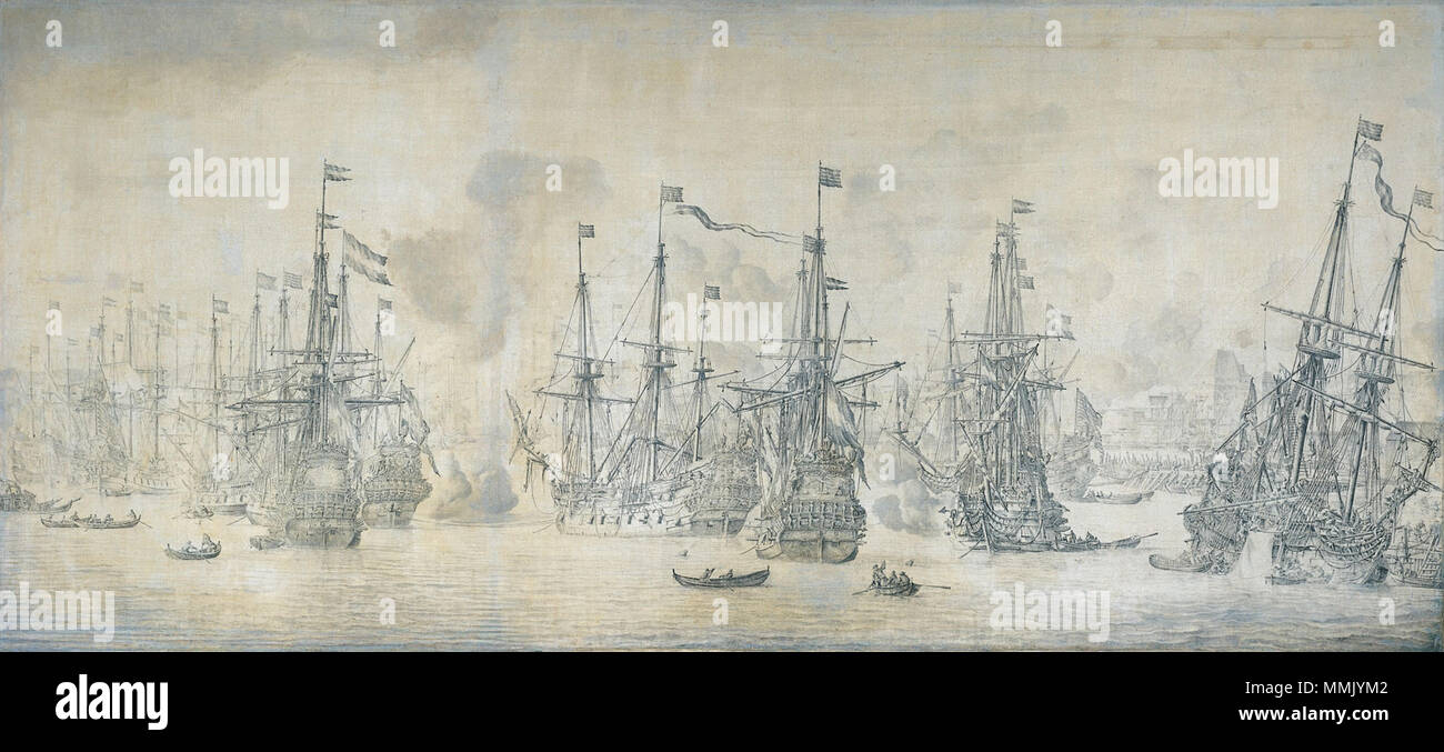 Il fallito attacco inglese contro il ritorno della flotta olandese nel porto di Bergen, Norvegia, 12 agosto 1665: Episodio dalla seconda guerra anglo-olandese (1665-67).[1] titolo alternativo(s): Mislukte aanslag der Engelsen op de retourvloot van Pieter de te amaro Bergen (Noorwegen), 12 ago 1665 algemeen overzicht van de Nederlandse schepen met o.a. de "Walcheren', de 'Rijzende Zon', de "Kogge', de 'Catherina', 'de Jonge Prins', de 'Hoorn' en de 'Phenix'.[2]. circa 1666 (1665-1673). De Aanslag mislukte van de Engelsen op de retourvloot in de haven van Bergen - Il tentativo fallito di lingua Inglese Foto Stock