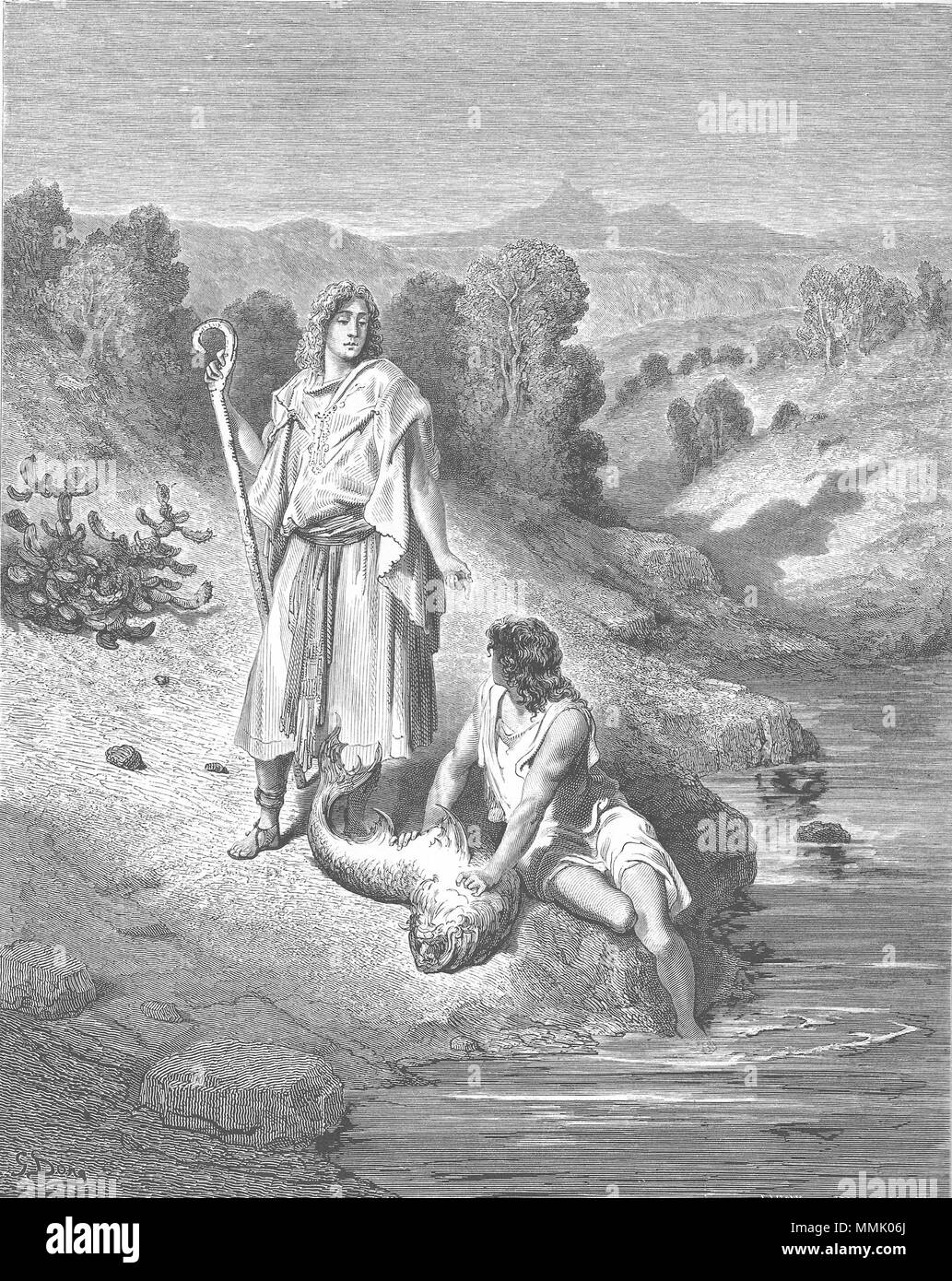 . Inglese: Tobiolo e l'angelo (Tob. 6:1-18) Русский: Товия и ангел (Тов. 6:1-18) . 1866. Gustave Doré (1832-1883) nomi alternativi Paul Gustave Doré Paul Gustave Louis Christophe Doré descrizione pittore francese, illustrator, incisore e caricaturista Data di nascita e morte 6 Gennaio 1832 23 gennaio 1883 Luogo di nascita e morte di Parigi Strasburgo sede di lavoro Parigi competente controllo : Q6682 VIAF:?ISNI 41839207:?0000 0001 2278 8373 ULAN:?500013657 LCCN:?n79089221 NLA:?35041510 WorldCat 110.Tobiolo e l'Angelo Foto Stock