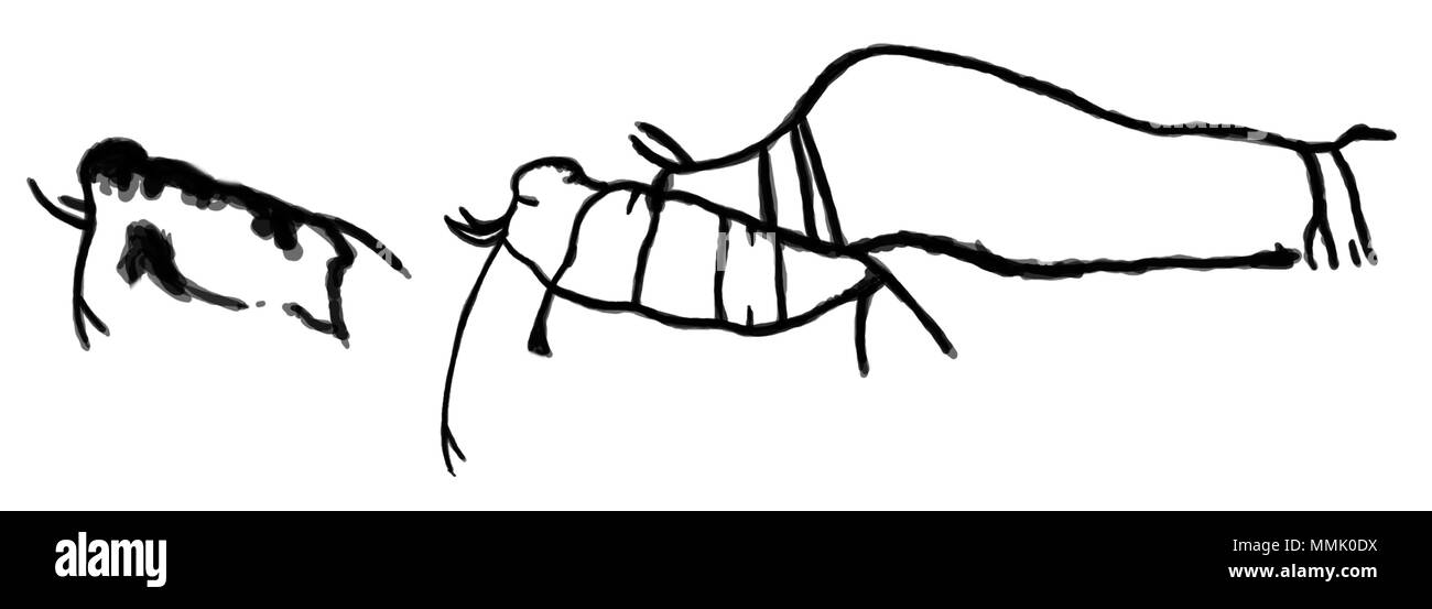 . Inglese: Tracciati di incisioni rupestri raffiguranti due Columbian mammut, quello di destra ha un bison sovrapposto su di esso. . 13.000 - 11.000 anni fa. Palaeomerican, tracciata da FunkMonk Columbian mammoth incisioni rupestri Foto Stock