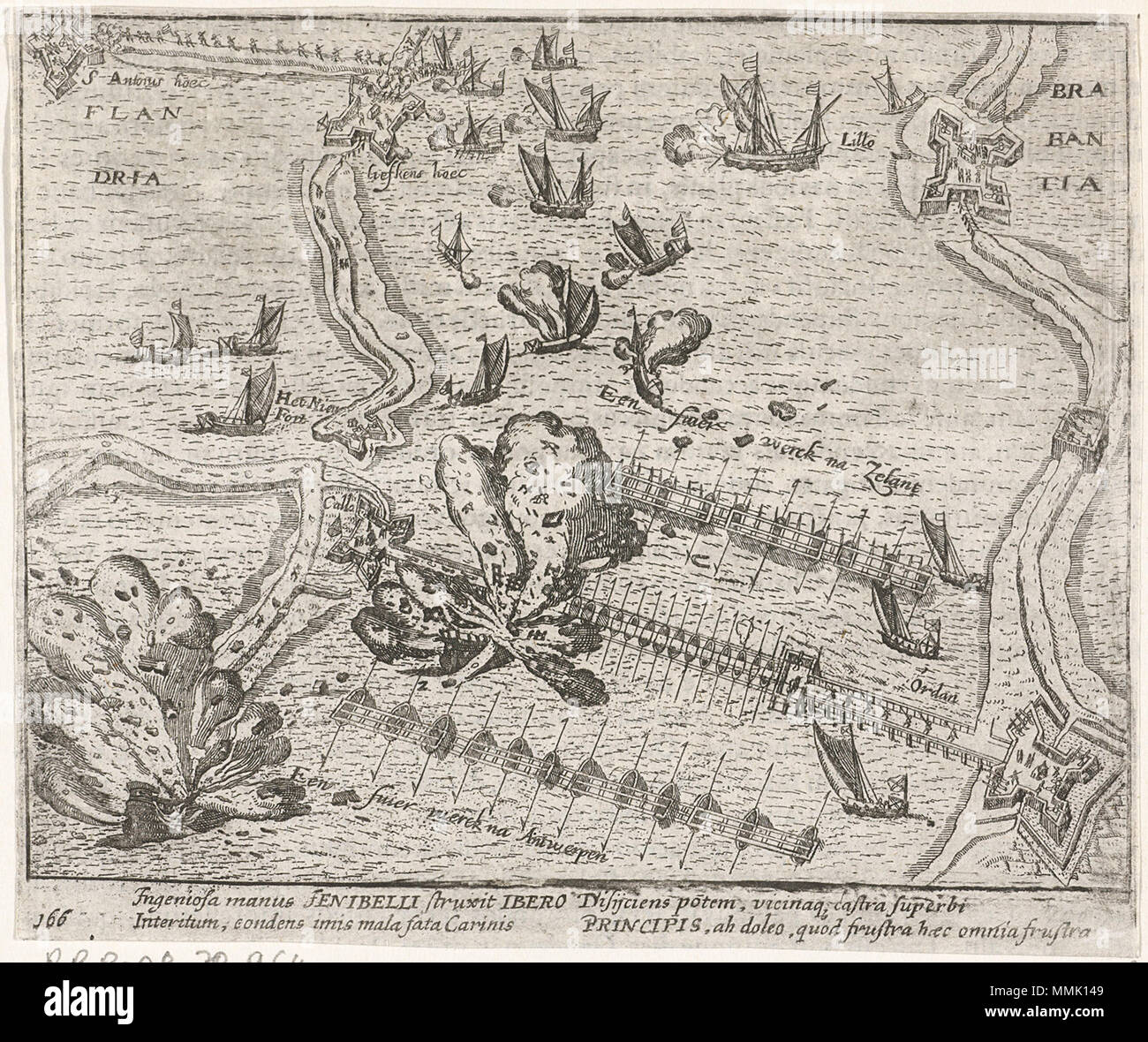 . Inglese: Attacco a Parma ponte del 5 aprile 1586. Schipbrug van Parma over de Schelde opgeblazen, 5 aprile 1585. . Tra 1613 e 1615. Unknown, dopo Frans Hogenberg Aanslag op Parma è brug, Antwerpen 1585 Foto Stock