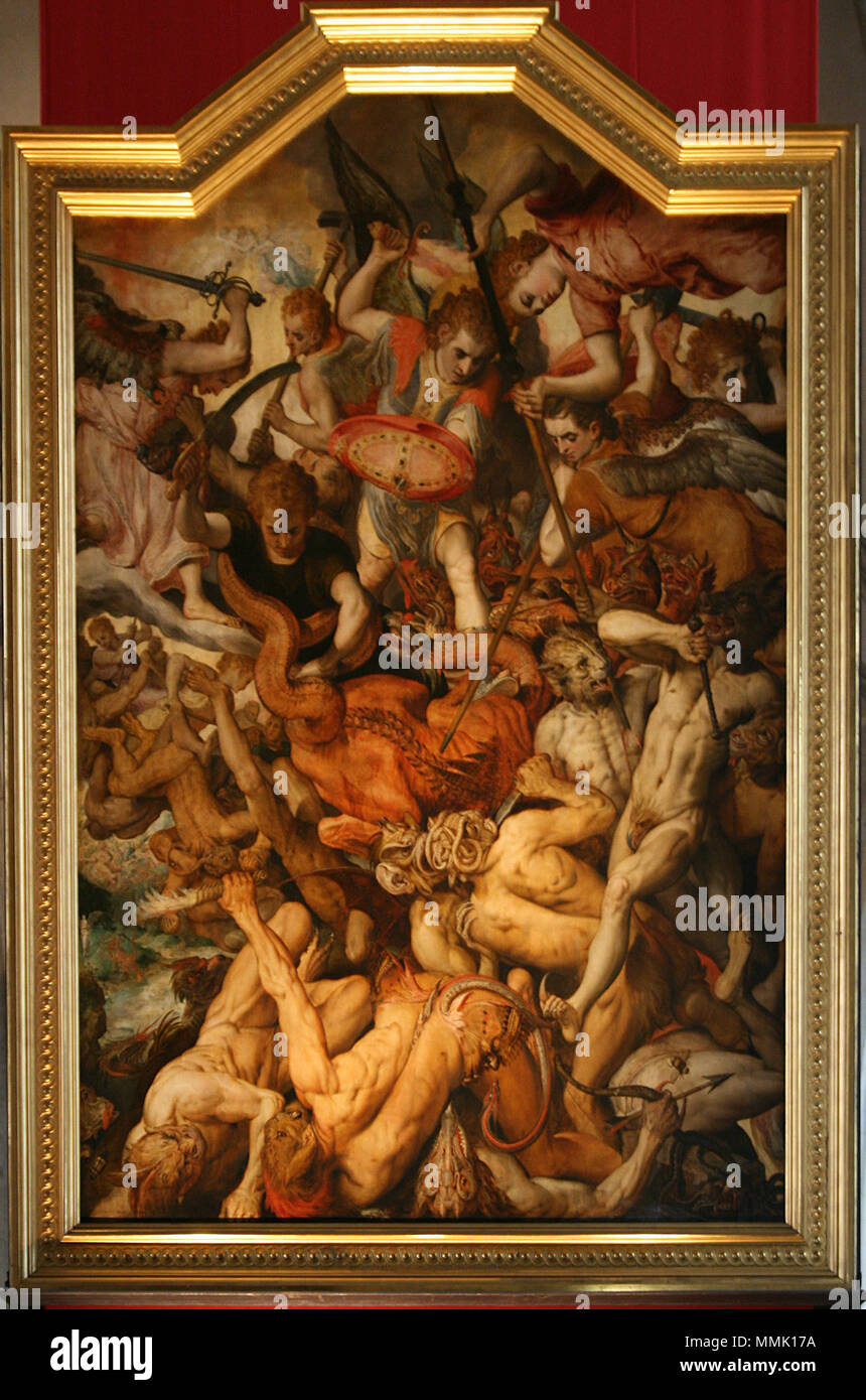 Nederlands: Het gevecht van de opstandige engelen Deutsch: Kampf der aufständischen Engel . 1554. Frans Floris Gevecht van de opstandige engelen Foto Stock