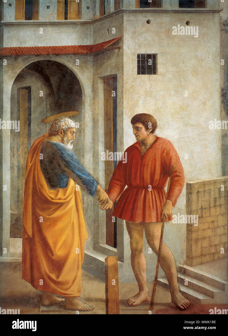 . Dettaglio (restaurato) la moneta del tributo". 1425. Cappella Brancacci, del Pagamento del tributo, dettaglio (restaurato), Masaccio Foto Stock