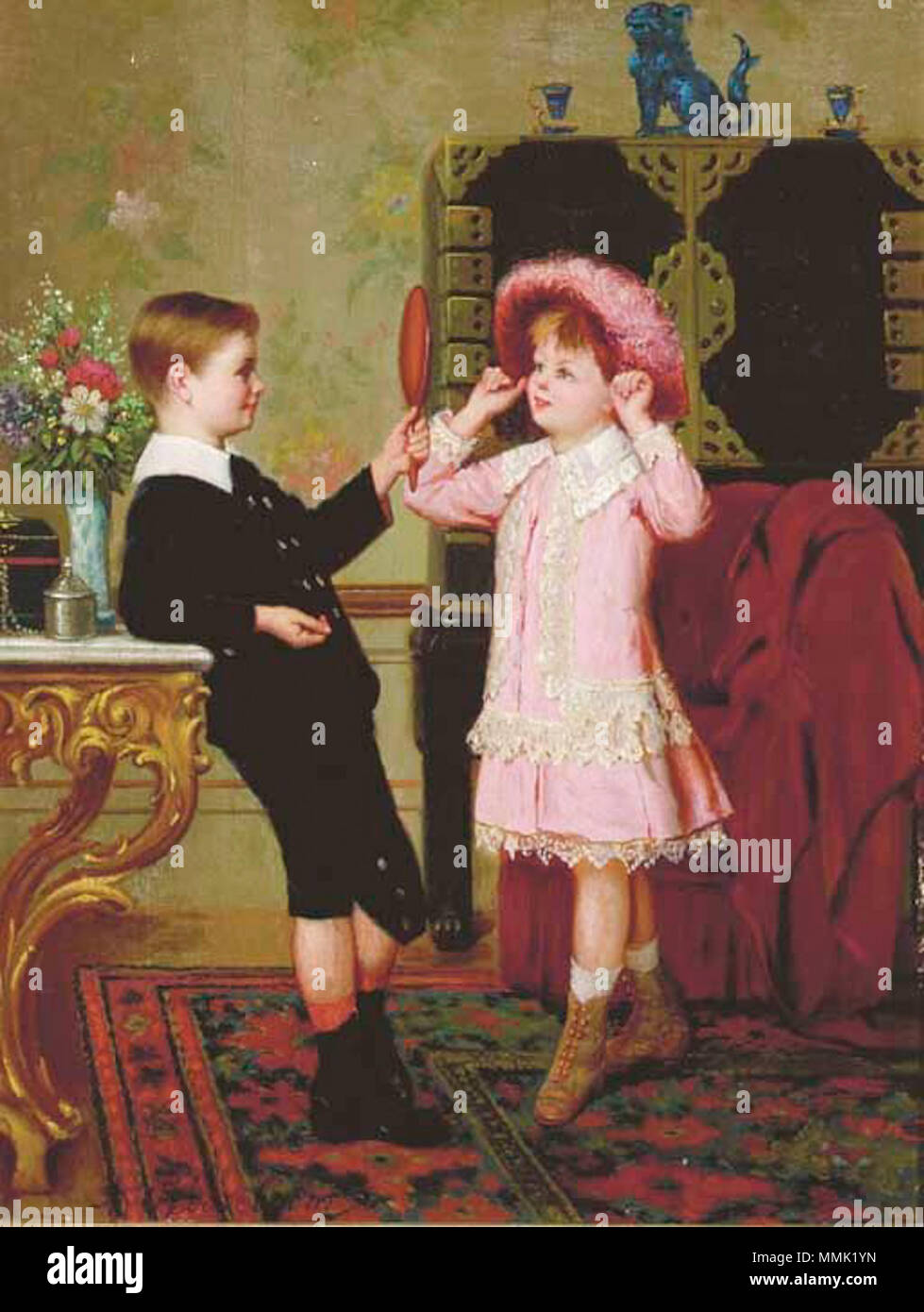 . Inglese: Due bambini che giocano dress up . Xix secolo. Albert Roosenboom (1845-1875) nomi alternativi Albert Nicolas Roosenboom Descrizione pittore belga Data di nascita e morte ca. 1845 ca. 1875 Luogo di nascita e morte Bruxelles Bruxelles competente controllo : Q18507711 VIAF:?95959165 ULAN:?500042597 RKD:?68094 Albert Roosenboom due figli giocare vestire Foto Stock