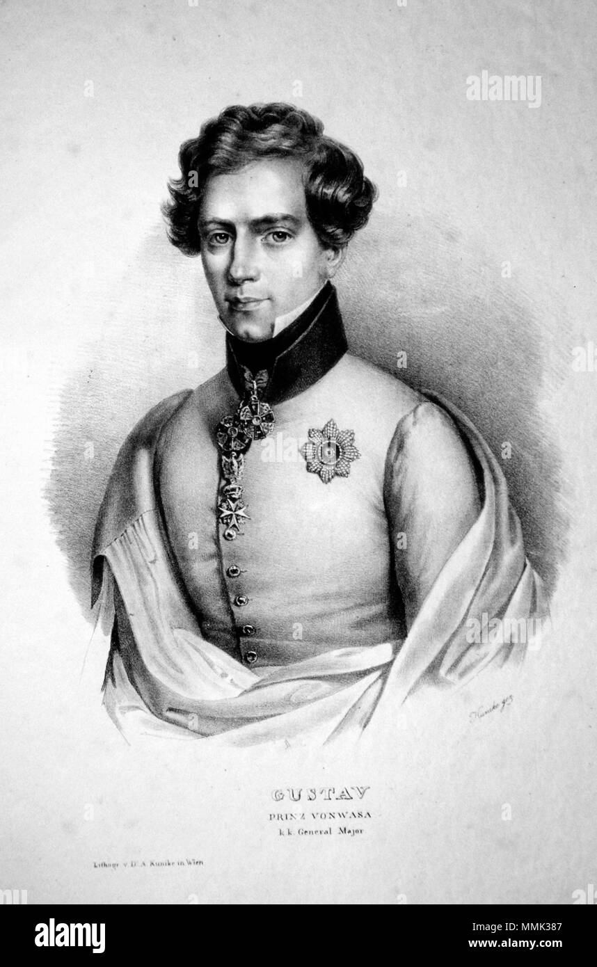 . Deutsch: Gustav Prinz von Wasa (1799-1877), Kronprinz, k. k. Feldmarschallleutnant. Lithographie von Adolph Friedrich Kunike, ca. 1830 . circa 1830. Adolph Kunike Friedrich (1777-1838) Gustav Prinz von Wasa Kunike Litho Foto Stock
