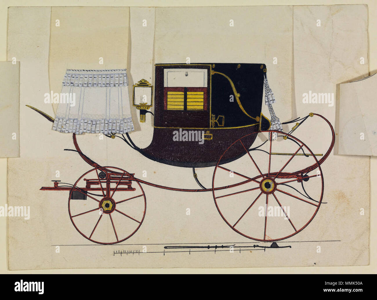 . Entwurf einer Landaulette (Halblandauer) mit aufklappbaren Teilen zur simulazione verschiedener Ausstattungen. Aquarellierte Tuschefederzeichnung von Konrad Krug, Bamberg 1822 (Staatsbibliothek Bamberg, VIII J 4/2). . 1822. Konrad Krug Entwurf einer Landaulette Bamberg 1822 Foto Stock