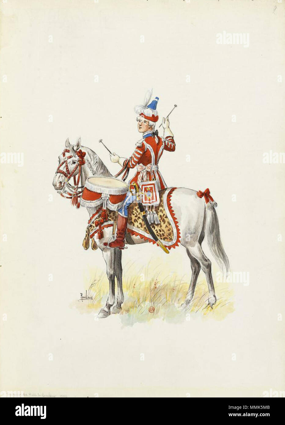. Français : Timbalier des Hussards de Bercheny (1772). . Il 10 gennaio 2015, 16:40:22. René Louis (1906-1991) Descrizione pittore francese Data di nascita e morte 1906 23 Giugno 1991 Luogo di nascita Auxerre sede di lavoro Francia competente controllo : Q23071939 BNE: XX1347811 1772 - Timbalier des Hussards de Bercheny (2) Foto Stock