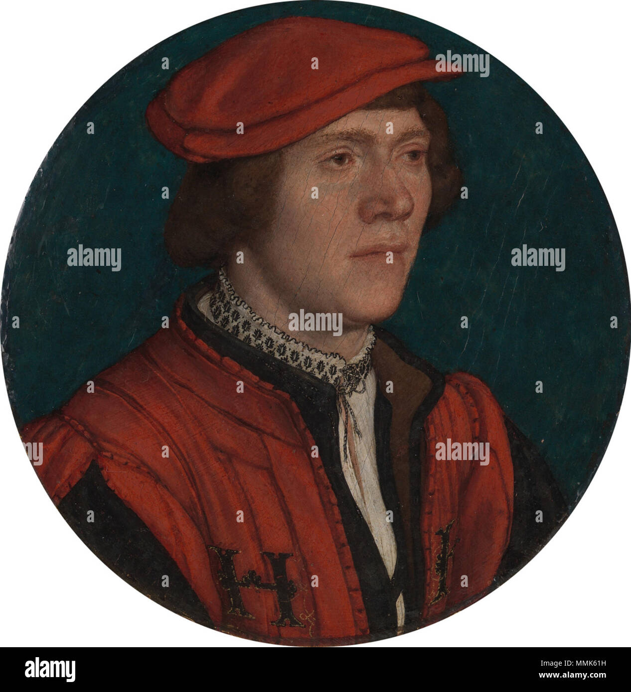 . Inglese: Hans Holbein il Giovane, il Ritratto di un uomo in un cappuccio rosso, 1532-35, olio su pergamena fissate su legno, 9.5 cm di diametro (Metropolitan Museum of Art, numero di accessione 50.145.24). . Tra 1532 e 1535. Hans Holbein (1497/1498-1543) nomi alternativi Hans Holbein der Jüngere, Hans Holbein Descrizione tedesco pittore e disegnatore Data di nascita e morte 1497 o 1498 tra il 7 ottobre 1543 e 29 novembre 1543 Luogo di nascita e morte Augsburg Londra sede di lavoro Basilea (1515-1526), Lucerna (1515-1526), Venezia (1515), Bologna (1515), Firenze (1515), Roma (1515), Venezia (151 Foto Stock