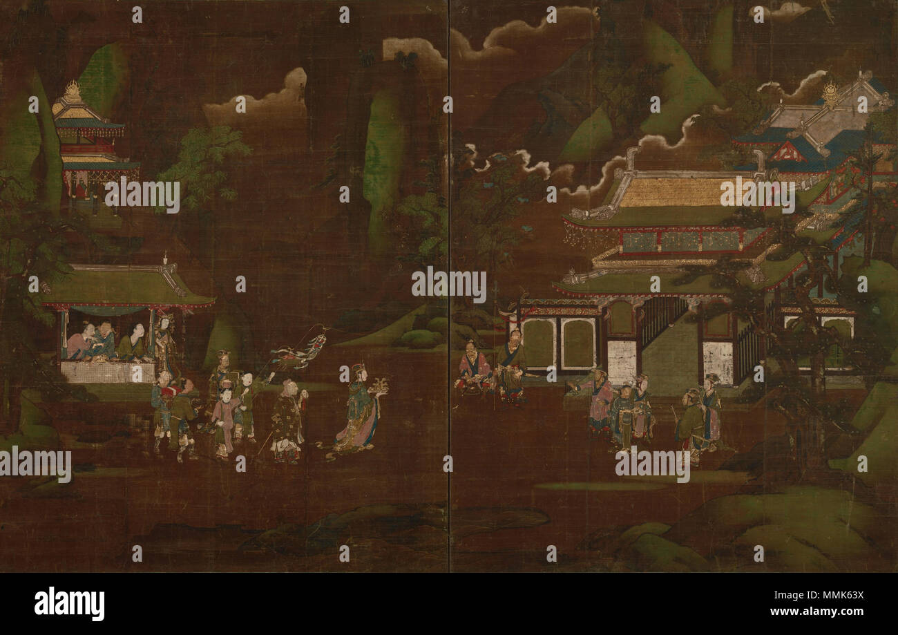 . Inglese: Horyuji Shariden schermi, Museo Nazionale di Tokyo, Giappone 日本語: 絹本著色文王呂尚・商山四皓図 . C14. Periodo Nanbokucho artista Horyuji Shariden schermo 1 (MAT) Foto Stock