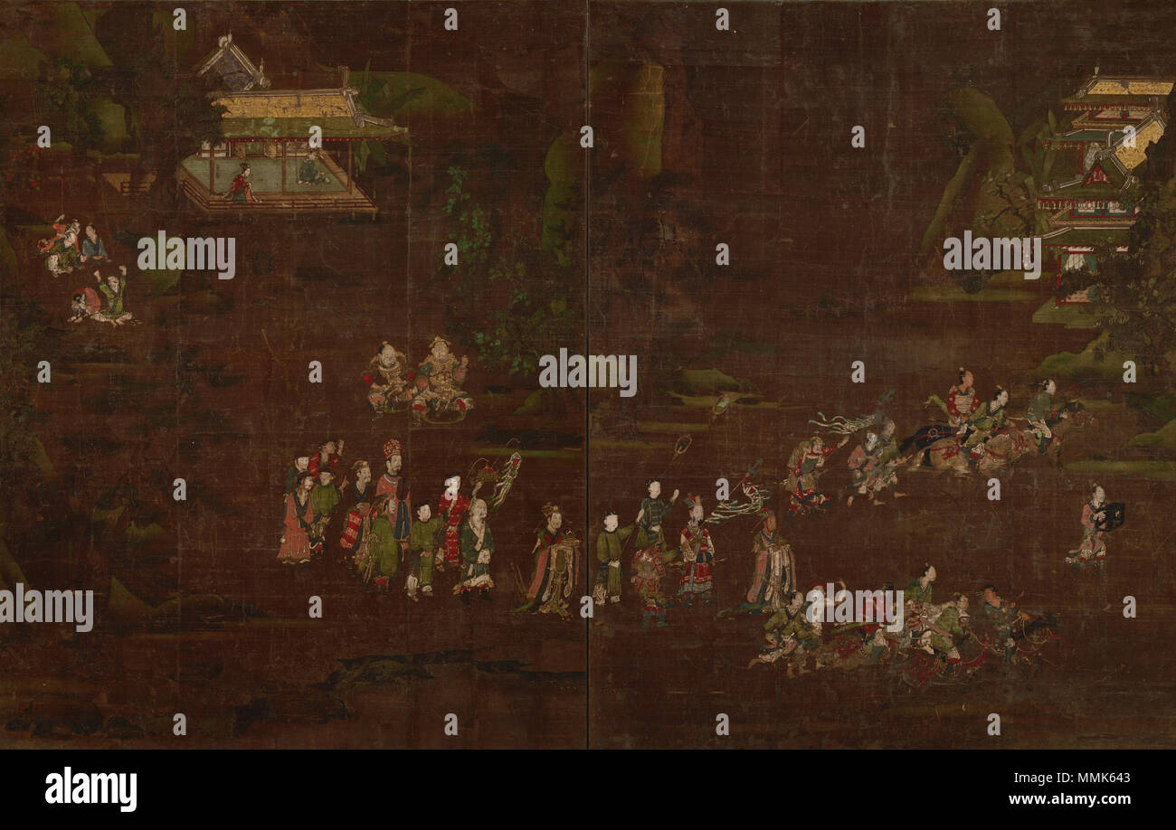 . Inglese: Horyuji Shariden schermi, Museo Nazionale di Tokyo, Giappone 日本語: 絹本著色文王呂尚・商山四皓図 . C14. Periodo Nanbokucho artista Horyuji Shariden schermo 6 (MAT) Foto Stock