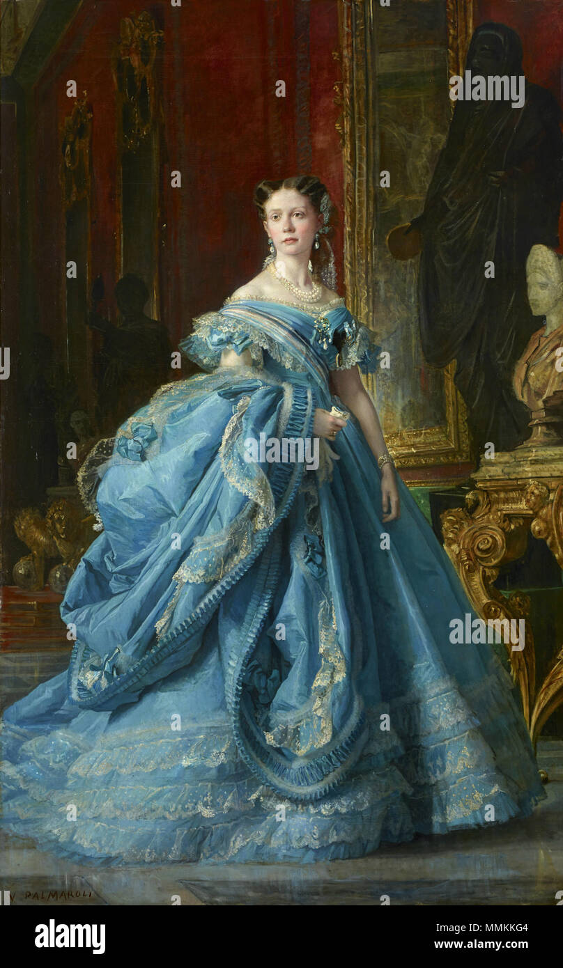 . Español: Retrato de la Infanta Isabel de Borbón y Borbón (1851-1931), que fue hija de la Reina Isabel II de España. La figura se presenta con el encanto de su edad, vistiendo quizá sus primeras galas de mujer, en actitud unà naturale delicada y. Vemos a la retratada llevando onu vestido de gala color azul turquesa adornado con encajes, siguiendo la moda del Segundo Imperio francés, caracterizada por el contraste entre la cintura estrecha y la amplitud de la falda, con las mangas cortas y generoso escote que descubre los hombros. Las joyas con que se Figlio adorna perlas en el broche, il collare de t Foto Stock