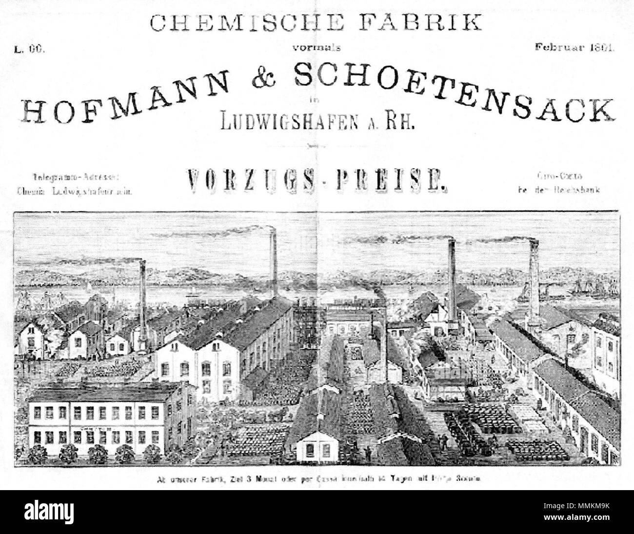 . Deutsch: Chemische Fabrik vormals Hofmann & Schoetensack in Ludwigshafen am Rhein . Febbraio 1801. Anzeige vom Februar 1801 Hofmann &AMP; Schoetensack Foto Stock