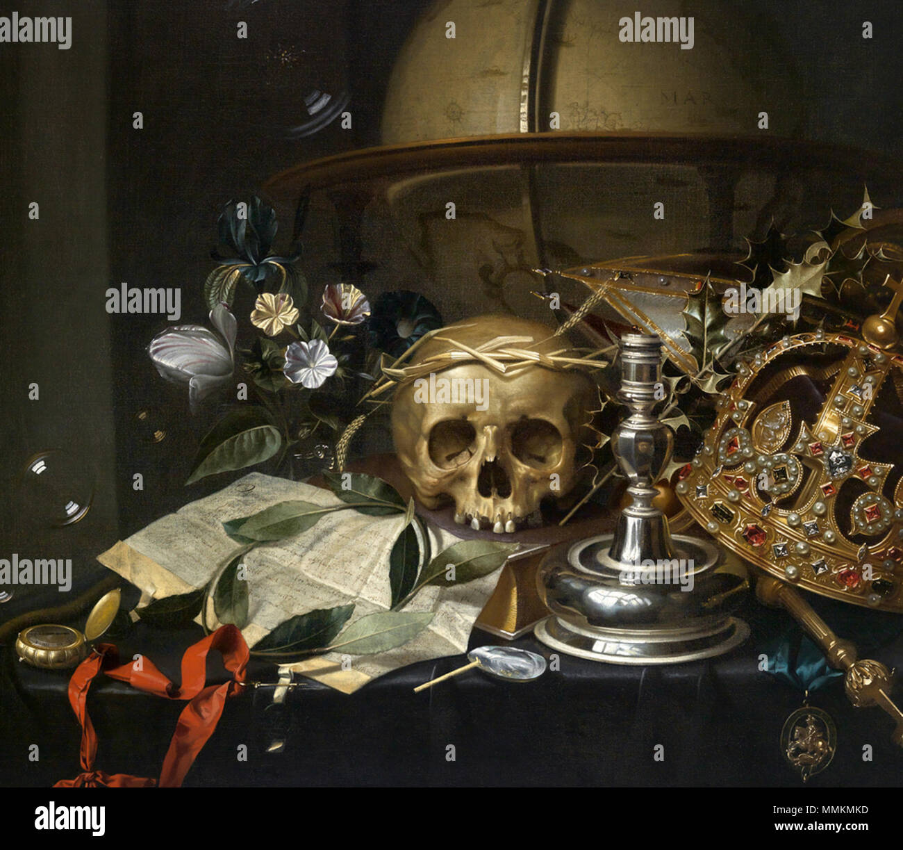 Still-life composizione con teschio umano, Globe, libri, corona, mitra, bolle, guscio di cozze con bolla di tubo, holly corona sul cranio, guarda sulla tabella, candelabro (con la riflessione di artista il ritratto).. circa 1650. Hendrick Andriezsoon 002 Foto Stock