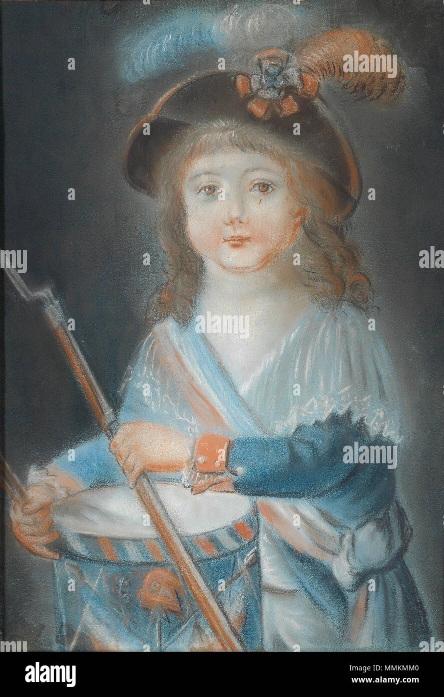 . Bildnis eines Knaben als Tambour der Französischen rivoluzione, verso alter Klebezettel 'Portrait du petit Roi Louis Dix Sept fait a La Tour du temple par Majeur Rougemont', Pastel auf Papier, 36 x 25 cm . circa 1790. Rougemont (?) Bildnis eines Knaben als Tambour Foto Stock