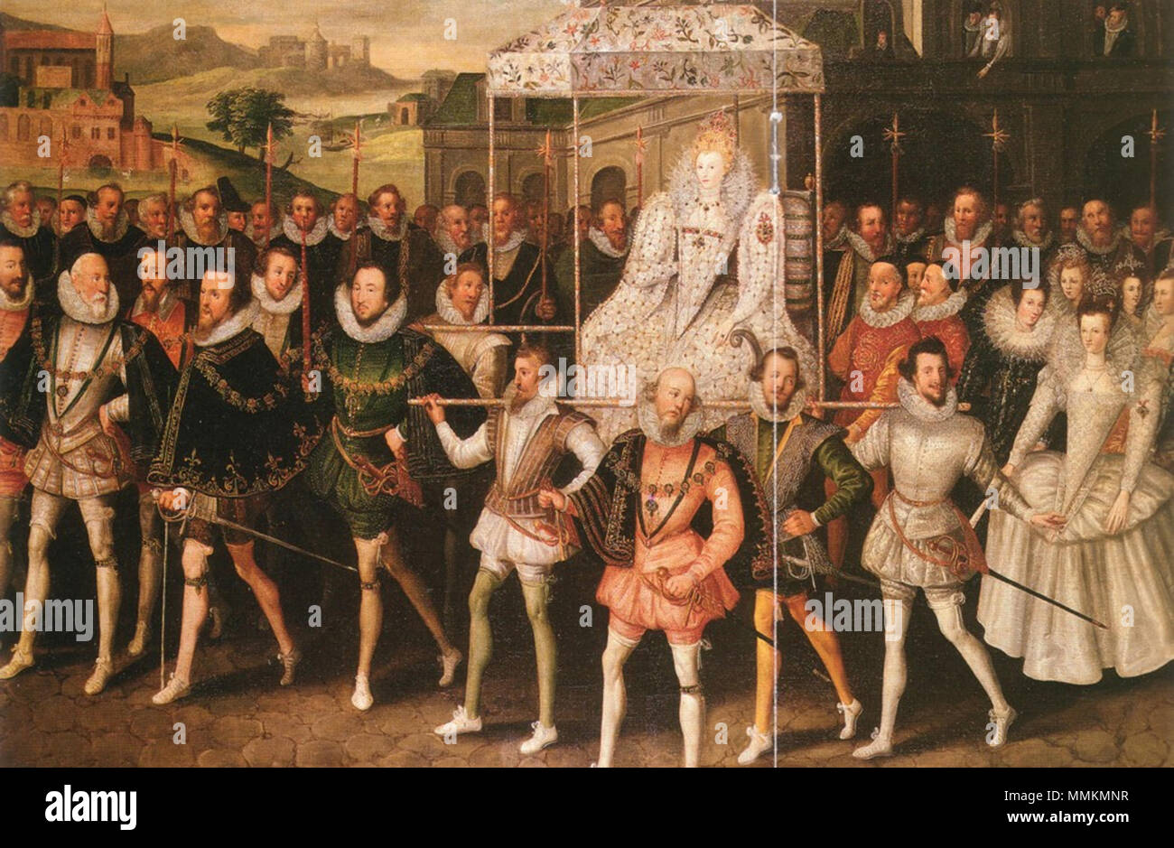 . Processione ritratto di Elisabetta I d'Inghilterra c. 1601. La regina Elisabetta mi ha preceduto dai Cavalieri della Giarrettiera. Da sinistra: Edmund Sheffield, poi conte di Mulgrave; Thomas Howard, Lord Howard di Effingham e signore Admiral; George Clifford, Earl di Cumberland; George Carey, Signore Hunsten; ignoto cavaliere, eventualmente Robert Radcliffe, Conte di Sussex; e Gilbert Talbot Conte di Shrewsbury, che porta la spada di stato. In primo piano è Edward Somerset, 4° Conte di Worcester, Master del cavallo. Dei quattro uomini trasportano la tettoia solo quella in bianco sulla destra è stato identificato: Worc Foto Stock