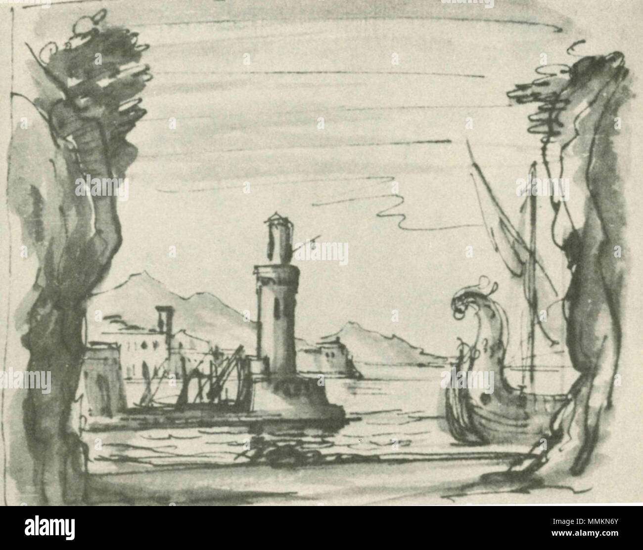 . Inglese: scenografia di Filippo Juvarra (1678-1736) per Ifigenia in Aulide, atto I (?) boccole con una vista del porto di Aulis e ancorato battleshis, e una trireme vicino la riva (titolo originale) eventualmente per l'opera di Domenico Scarlatti Ifigenia in Aulide, dramma per musica su libretto di Carlo Sigismondo Capece (eseguita per la prima volta il 11 gennaio 1713 a Roma) . 1713. Filippo Juvarra (1678-1736) Ifigenia in Aulide - Atto I (poss. di Domenico Scarlatti) stadio design by Filippo Juvarra Foto Stock