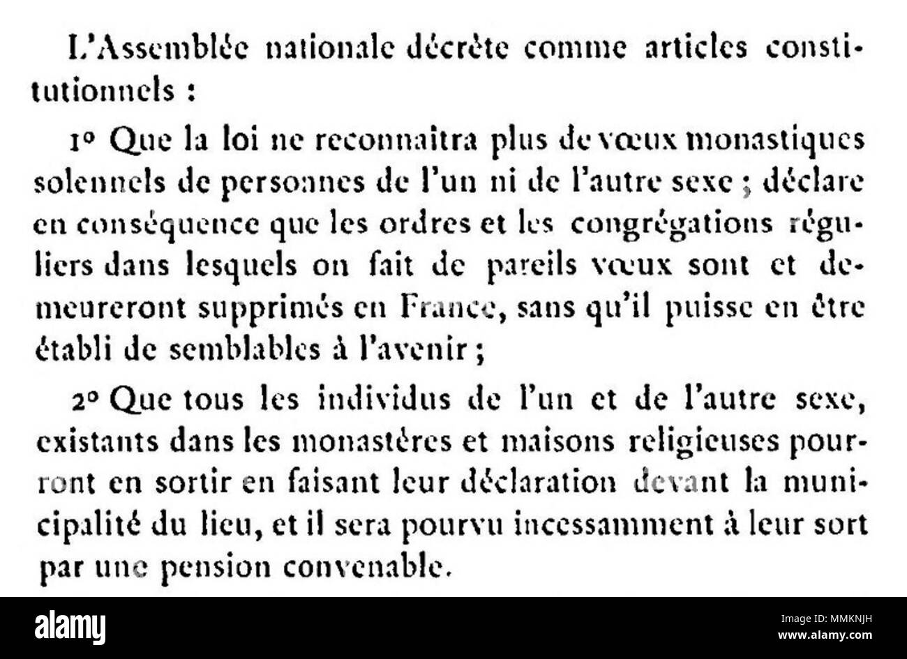 60 Assemblée nationale, décret du 13 février 1790, articoli 1 et 2 Foto Stock