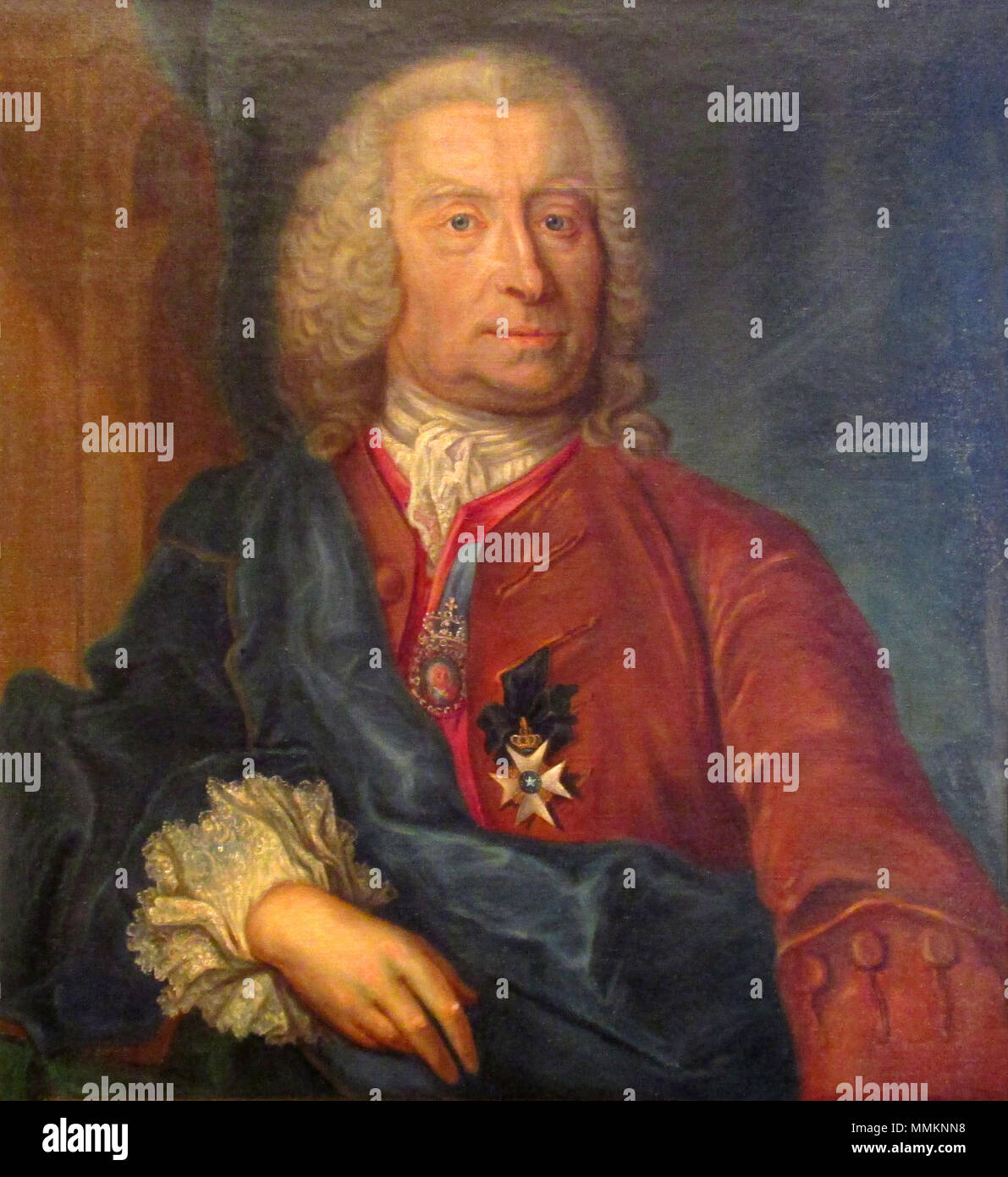 . Inglese: Colin Campbell (1 novembre 1686 - 9 Maggio 1757) versione ritagliata di un contemporaneo replica del ritratto nella collezione del Museo della Città di Göteborg, ora esposti nel Göteborg Museo Marittimo recanti un cartiglio dipinto con il testo precisando che il ritratto raffigura Campbell nel suo settantesimo anno (che è, nel 1756), che descrive i suoi sforzi volti a stabilire la svedese East India Company. Svenska: Colin Campbell, svensk köpman. Ritratto di Colin Campbell. Il XVIII secolo. Ritratto di Colin Campbell 1756 - ritagliato Foto Stock