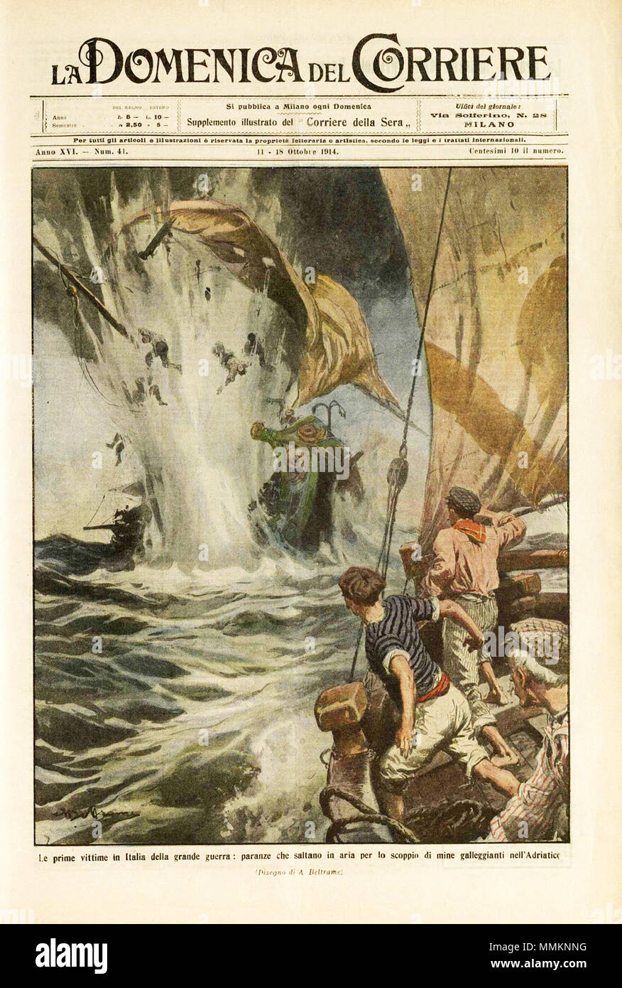 . Inglese: la scansione della prima pagina della edizione del 'La Domenica del Corriere", una rivista italiana, con un disegno di Achille Beltrame raffigurante un italiano di nave da pesca distrutte dall austriaco naval mine (Mare Adriatico - 1914) Italiano: la scansione della prima pagina della rivista "La Domenica del Corriere' dell'11 ottobre 1914 con una illustrazione di Achille Beltrame raffigurante una nave di pescatori italiani distrutta dalle mine navali austriache. . 11 ottobre 1914. Achille Beltrame (1871-1945) Descrizione pittore italiano e illustrator che ha lavorato principalmente per la Domenica del corri Foto Stock