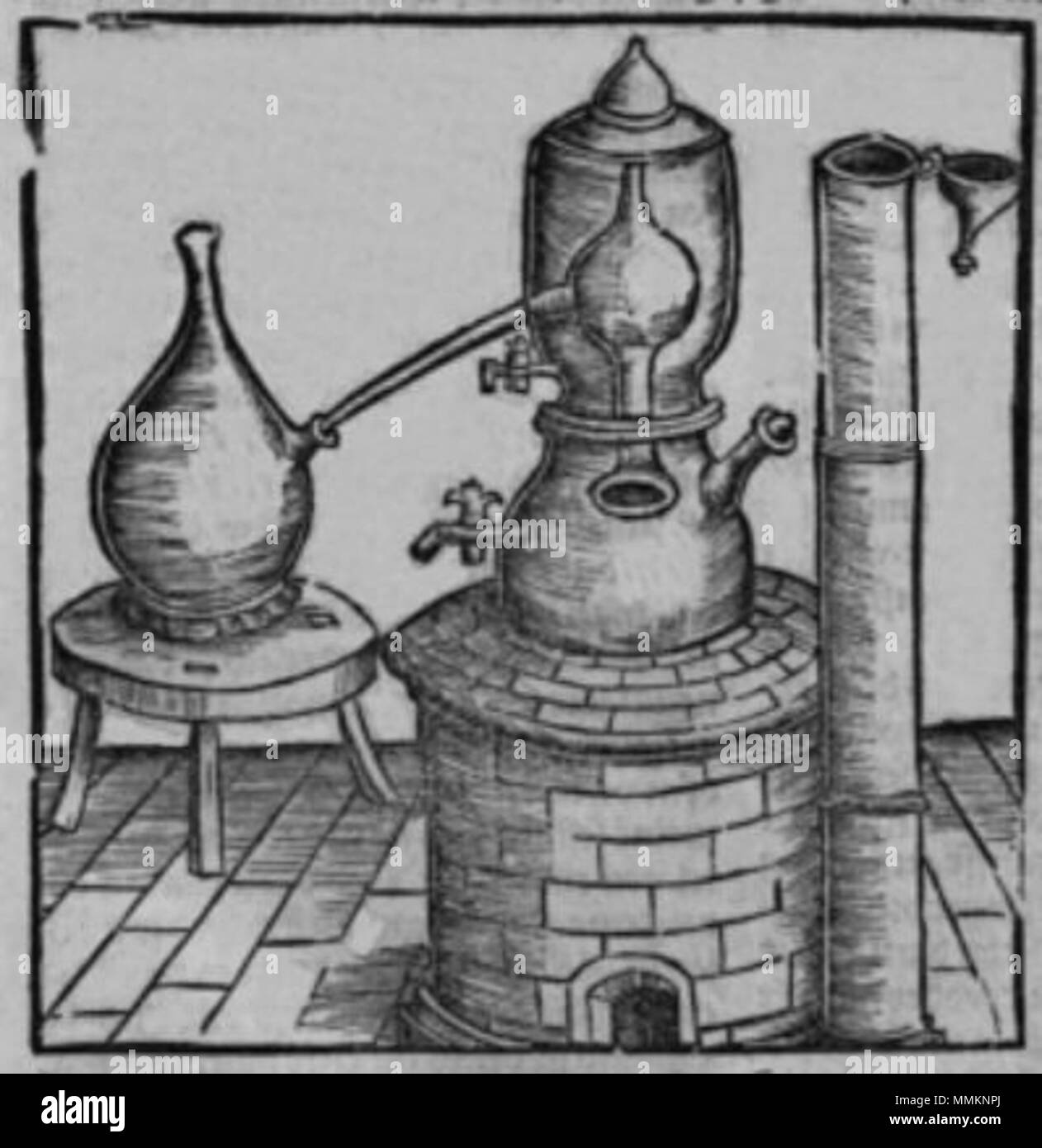 . Français : Alambic à tête de Le Maure, illustrazione du Grand Livre de la distillazione de Brunschwig (1512) . 11 gennaio 2016, 09:50:21. Hieronymus Brunschwig (1450-1512) 31 Alambic-Grosse Distillierbuch Foto Stock