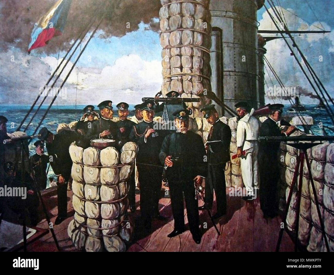 . Inglese: Admiral T+?g+? Heihachir+? Sul ponte della corazzata Mikasa. Da sinistra a destra: messenger Yamazaki Genki, navigator secondo tenente Edahara Yurikazu, maggiore del personale Iida Hisatsune, chief navigator tenente colonnello Nunome Mitsuz+?, aiutante di campo di gunnery officer tenente Imamura Nobujir+?, capitano del capitano Mikasa Ijichi Hikojir+?, gunnery officer principali Kiyokazu Abo, 4 grado sailor Noguchi Shinz+?, capo del personale Contrammiraglio Kat+? Tomosabur+?, misurazione allievo ufficiale tenente Hasegawa Kiyoshi, comandante in capo della flotta combinata T+?g+? Heihachir+?, luogotenente del personale Foto Stock