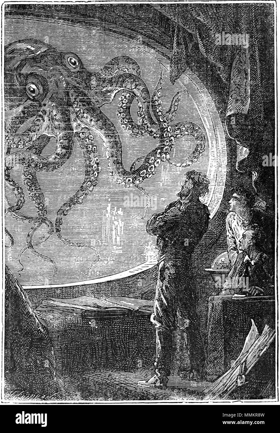 . Incisione di Capitano Nemo visualizzazione di un calamaro gigante da un oblò del Sottomarino Nautilus, da 20000 Lieues Sous les Mers di Jules Verne. . 1870. Alphonse de Neuville e Edouard Riou 14 20000 squid viewbay Nautilus Foto Stock