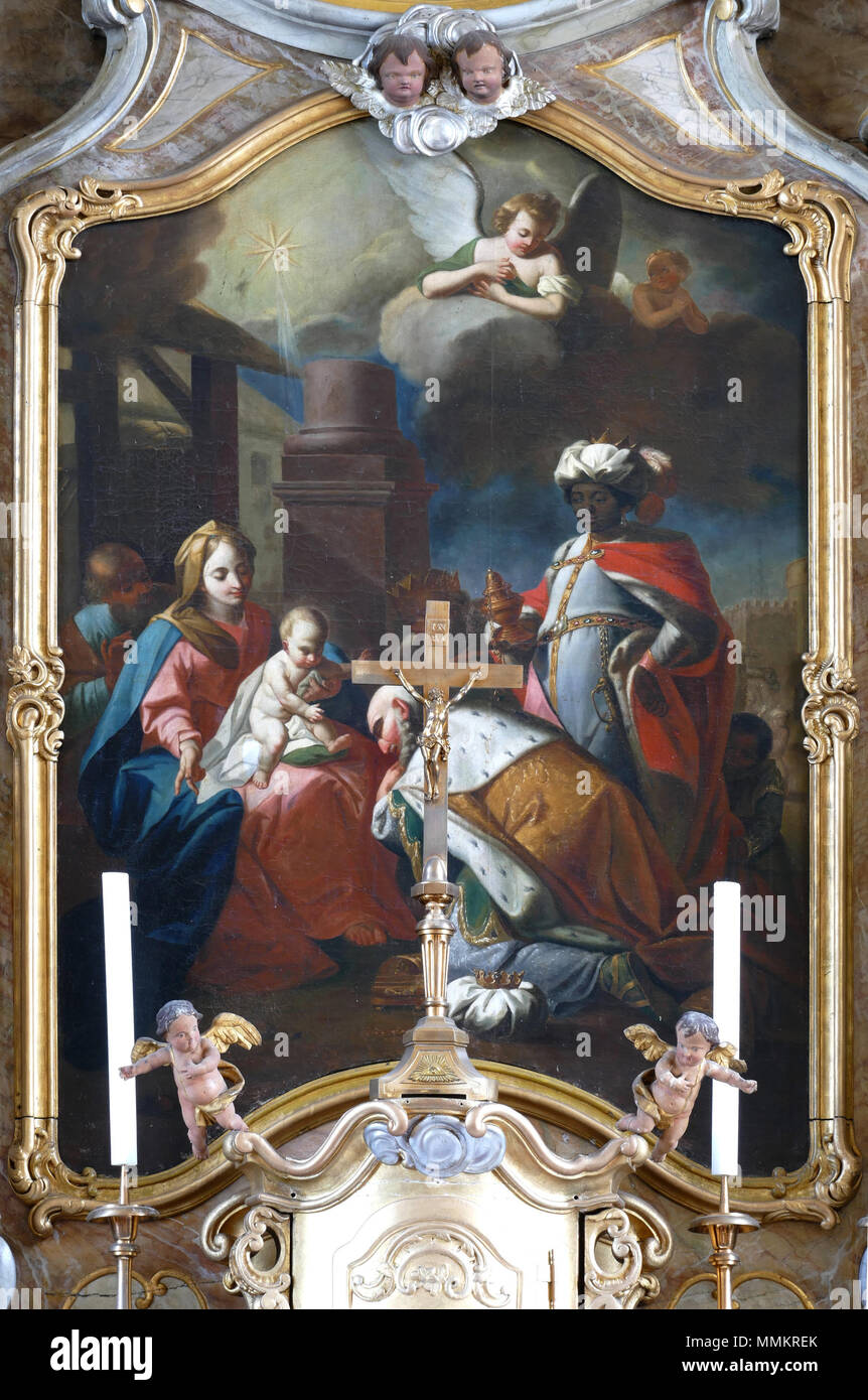 . Français : l'Alsazia, Bas-Rhin, église Saint Vincent de Huttendorf (IA00061672). Tableau 'adorazione des Mages' (Inconnu, huile sur toile, 200x148, XVIIIe): Questo oggetto è classé Monument Historique in base Palissy, database del mobilio francese patrimonio del ministero francese della cultura, al di sotto del riferimento67001819 IM. Brezhoneg | català | Deutsch | English | Español | Suomi | Français | Magyar | Italiano | Plattdüütsch | Português | +/- . Il 29 giugno 2016. © Ralph Hammann - Wikimedia Commons Huttendorf StVincent 13a Foto Stock
