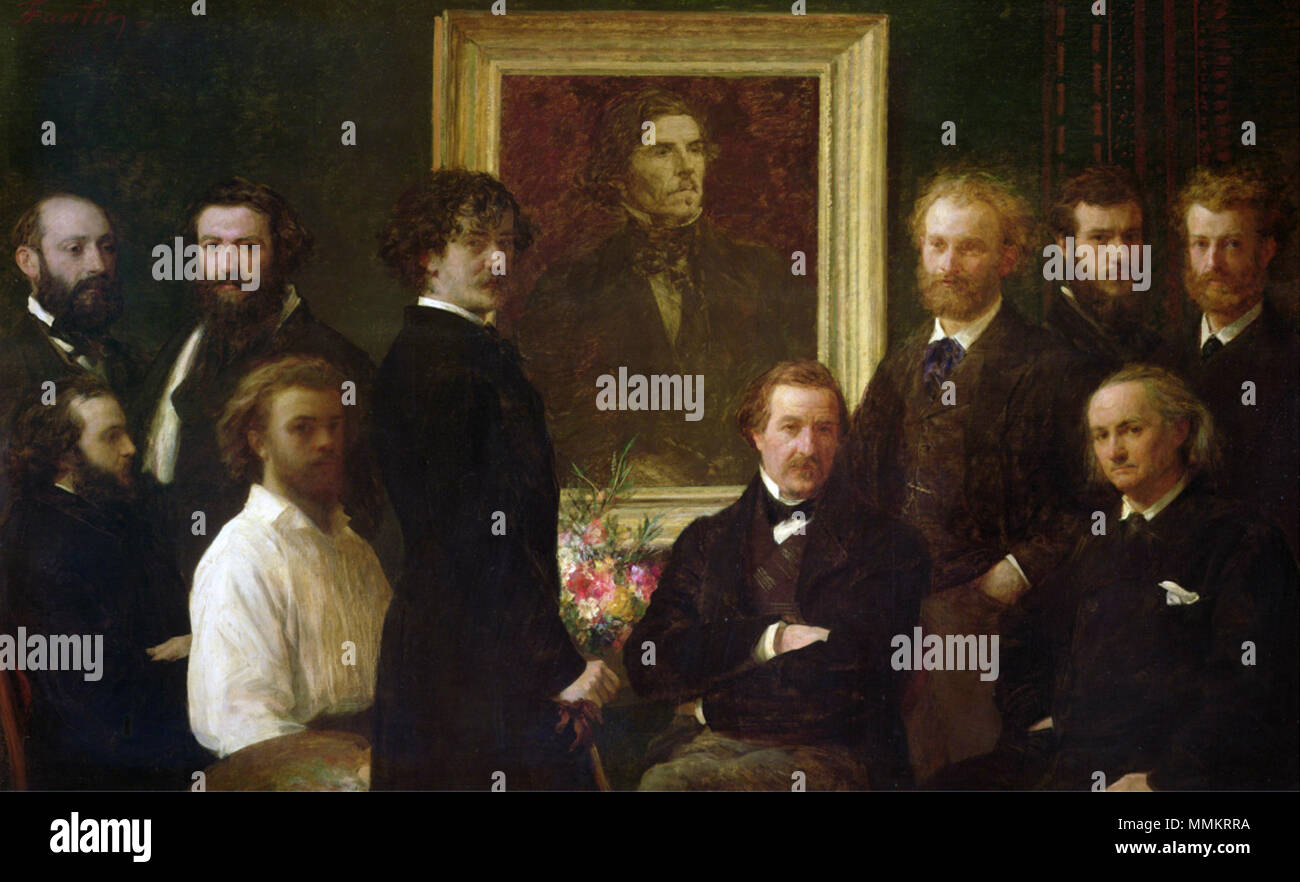 . Identificazione des personnes, de gauche à droite : Assis : Louis Edmond Duranty, Henri Fantin-Latour le peintre auteur du tableau lui-même, Jules Champfleury, Charles Baudelaire. Debout : Louis Cordier, Alphonse Legros, James Whistler, Édouard Manet, Félix Bracquemond, Albert de Balleroy. Au centre onu autoportrait d' Eugène Delacroix Hommage à Delacroix. 1864. Fantin-Latour omaggio a Delacroix Foto Stock